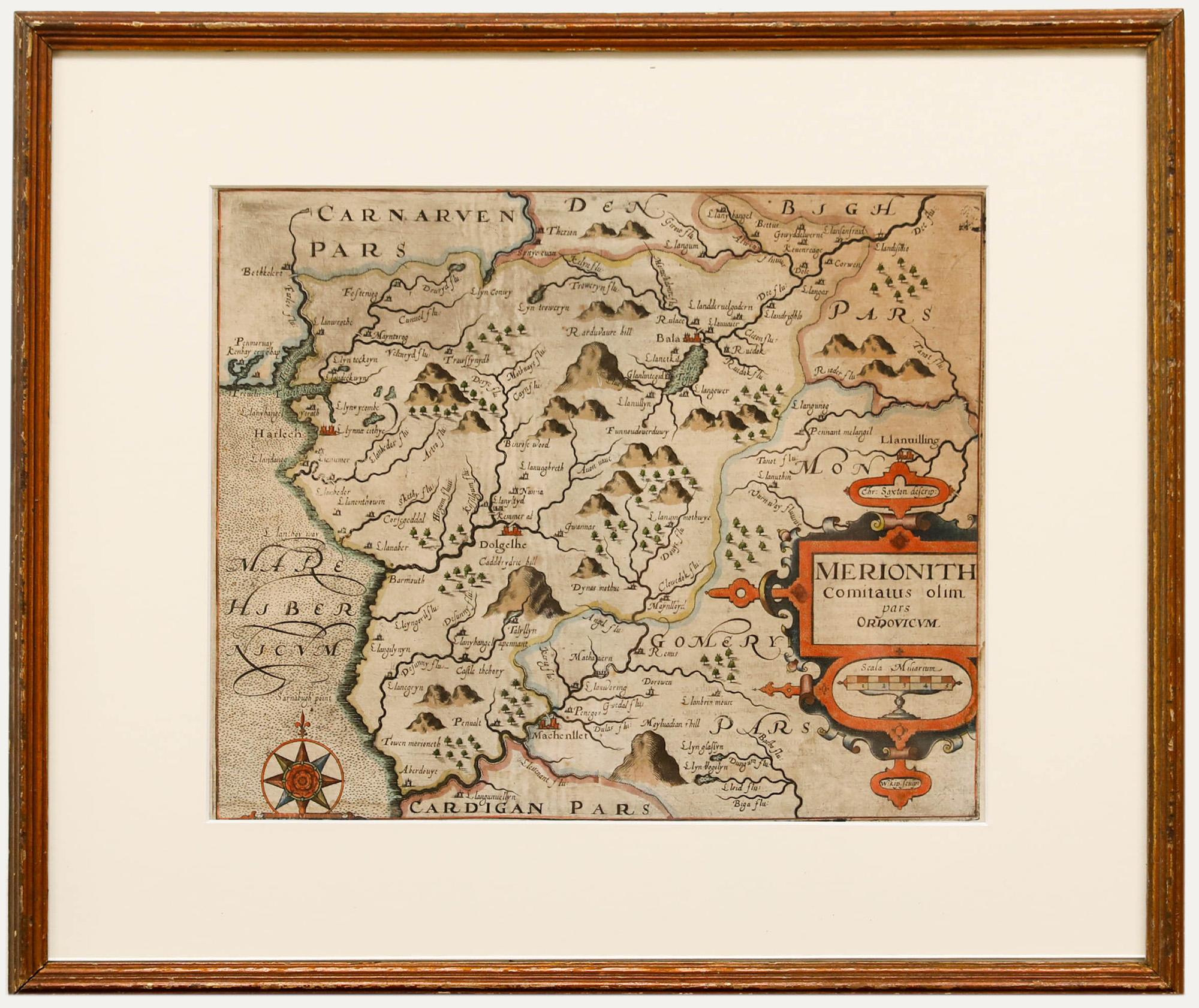 Print Unknown - Christopher Saxton & William Kip - Gravure encadrée du 17ème siècle, Merionith