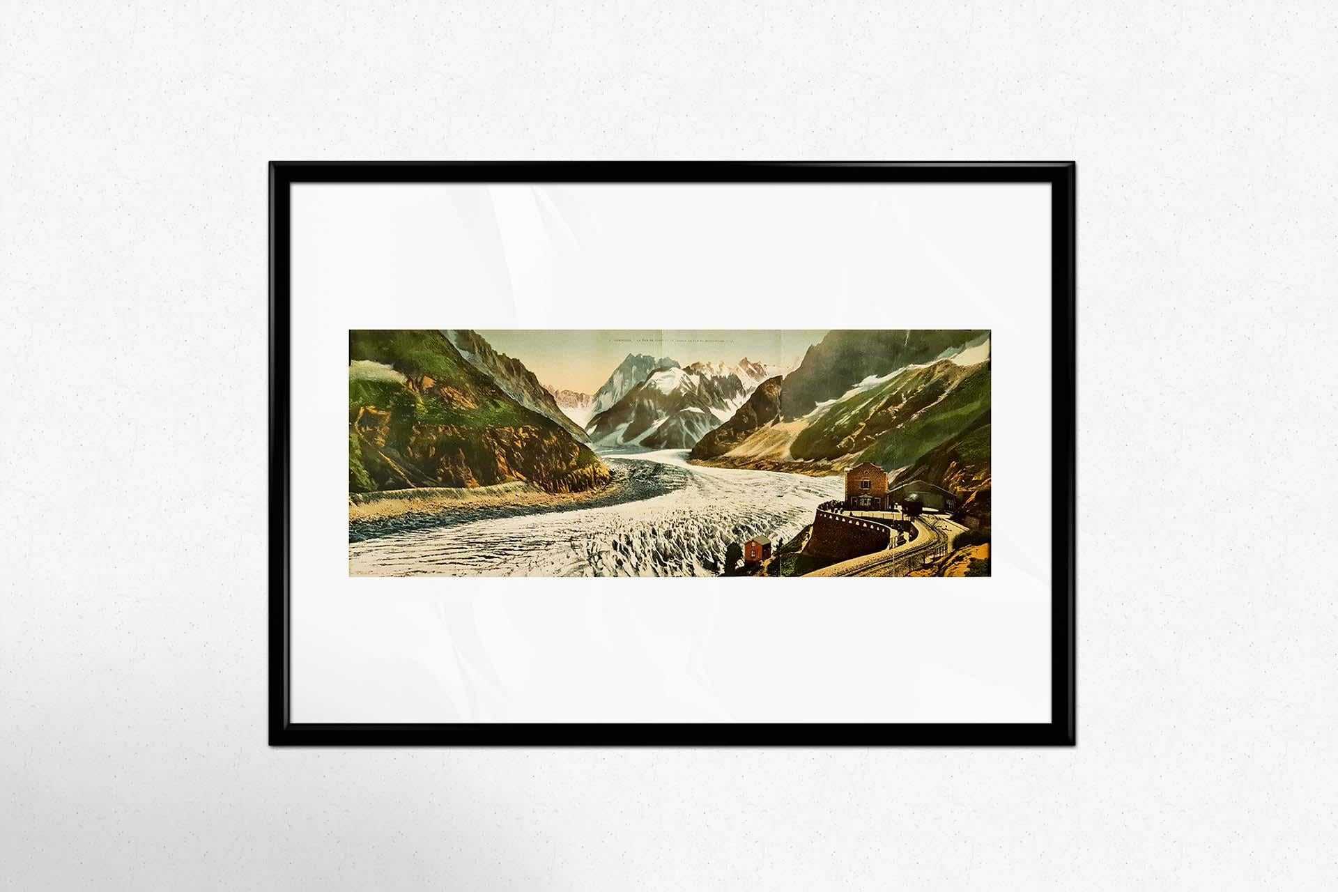 Chromolithography of Chamonix the sea of ice and the Montenvers railway - Alpes For Sale 2