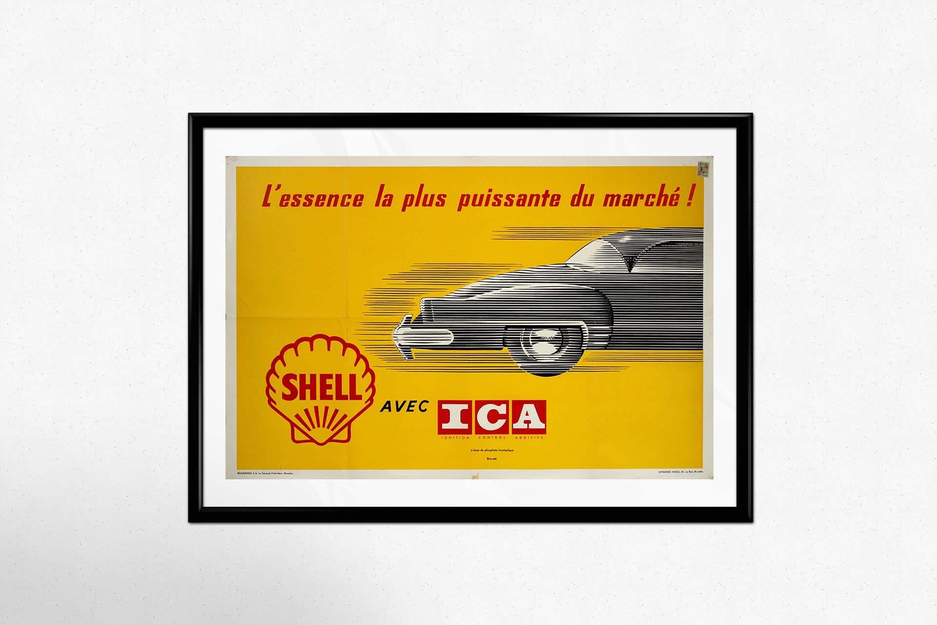 In the realm of vintage advertising travel posters, one iconic piece stands out: the original Shell poster featuring Ignition Control Additive (ICA), touted as the most powerful fuel on the market. Printed by Marci in Brussels, this poster