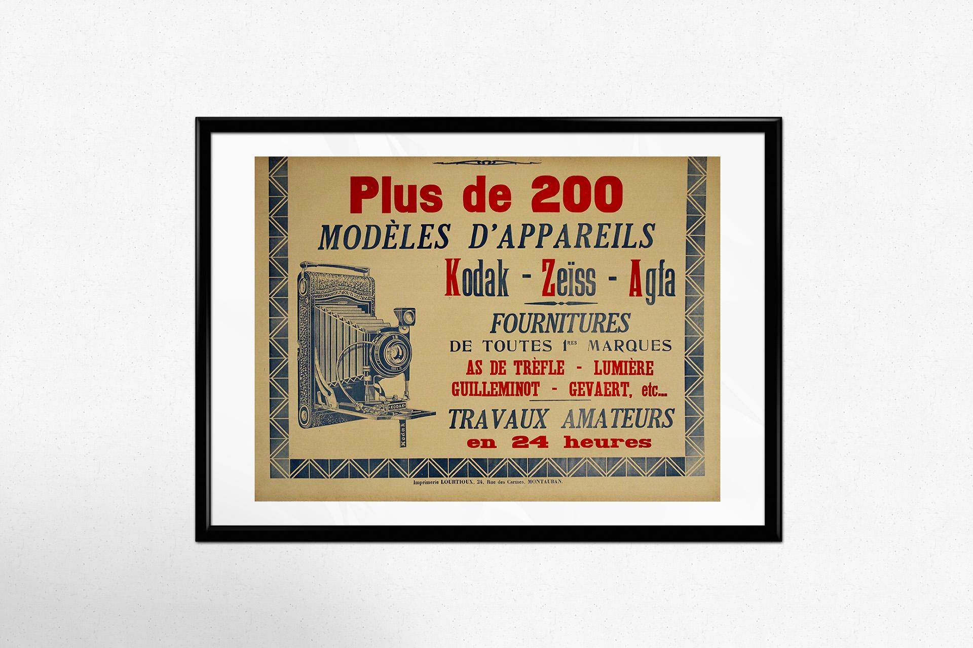 This rare and striking poster from circa 1900 showcases the booming early market for amateur photography with a bold typographic design that celebrates innovation and accessibility. Advertising more than 200 models of photographic equipment from the