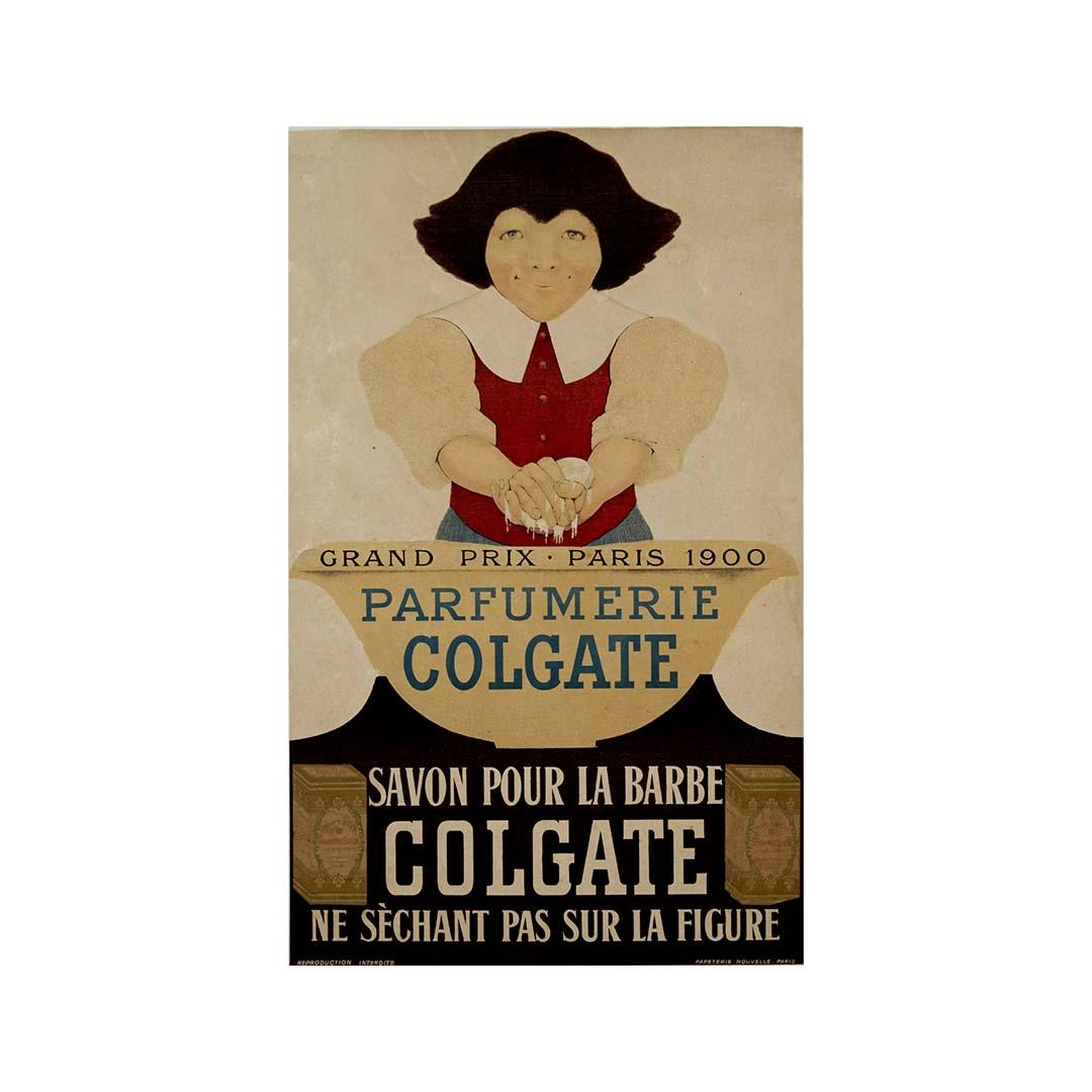 This circa 1900 original poster, created for Parfumerie Colgate, is a striking example of early 20th-century advertising that blends artistic charm with commercial appeal. Designed in an era when product quality was a major selling point, this