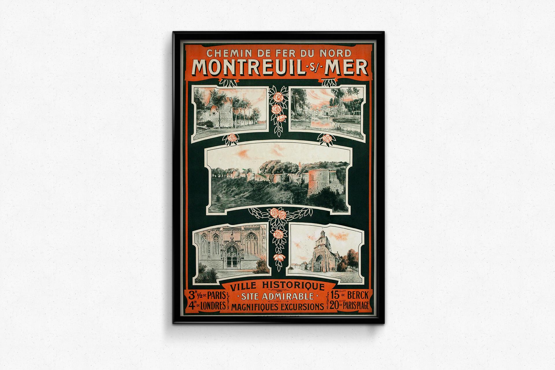 This exquisite original poster from around 1900 was issued by the Chemin de Fer du Nord to promote travel to the historic town of Montreuil-sur-Mer, located in northern France. Designed in the classic Belle Époque style, the poster features a