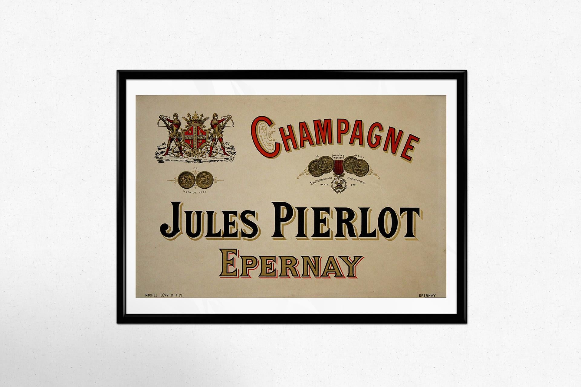 This circa 1900 original poster for Champagne Jules Pierlot, Epernay is a prime example of Belle Époque advertising design. Featuring elegant typography, heraldic symbolism, and a refined color palette, it reflects the prestige and craftsmanship