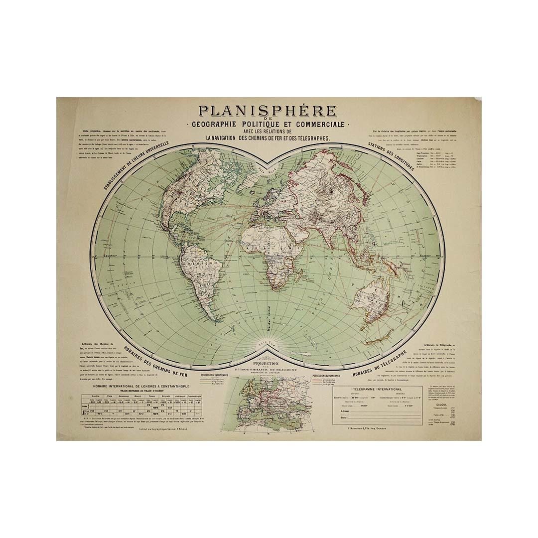 CIRCA 1900 Originalplakat Planisphère de géographie politique et commercial im Angebot 2