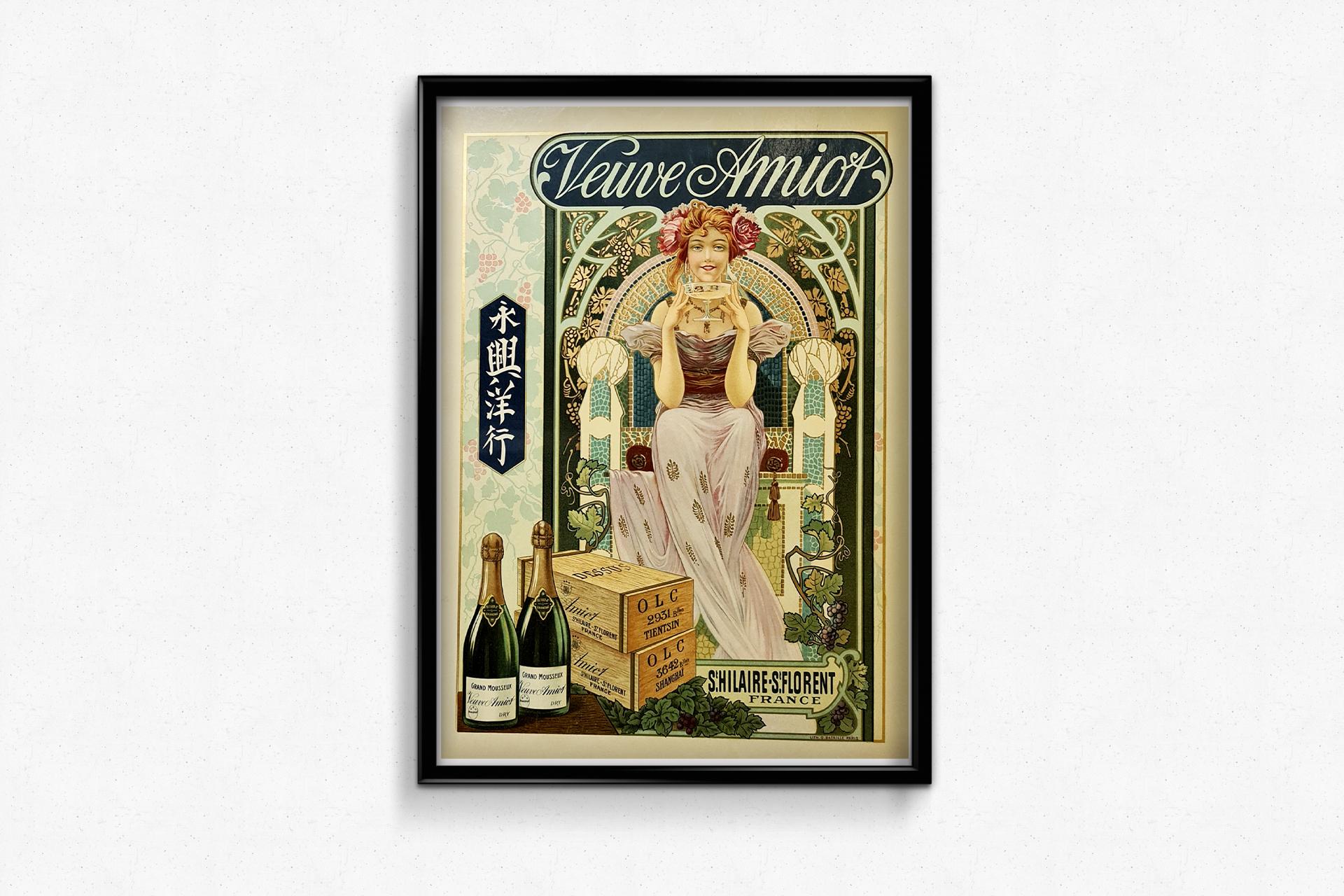 Original-Vintage-Poster, um Veuve Amiot Champagner in Shanghai zu promoten, um 1900 im Angebot 1