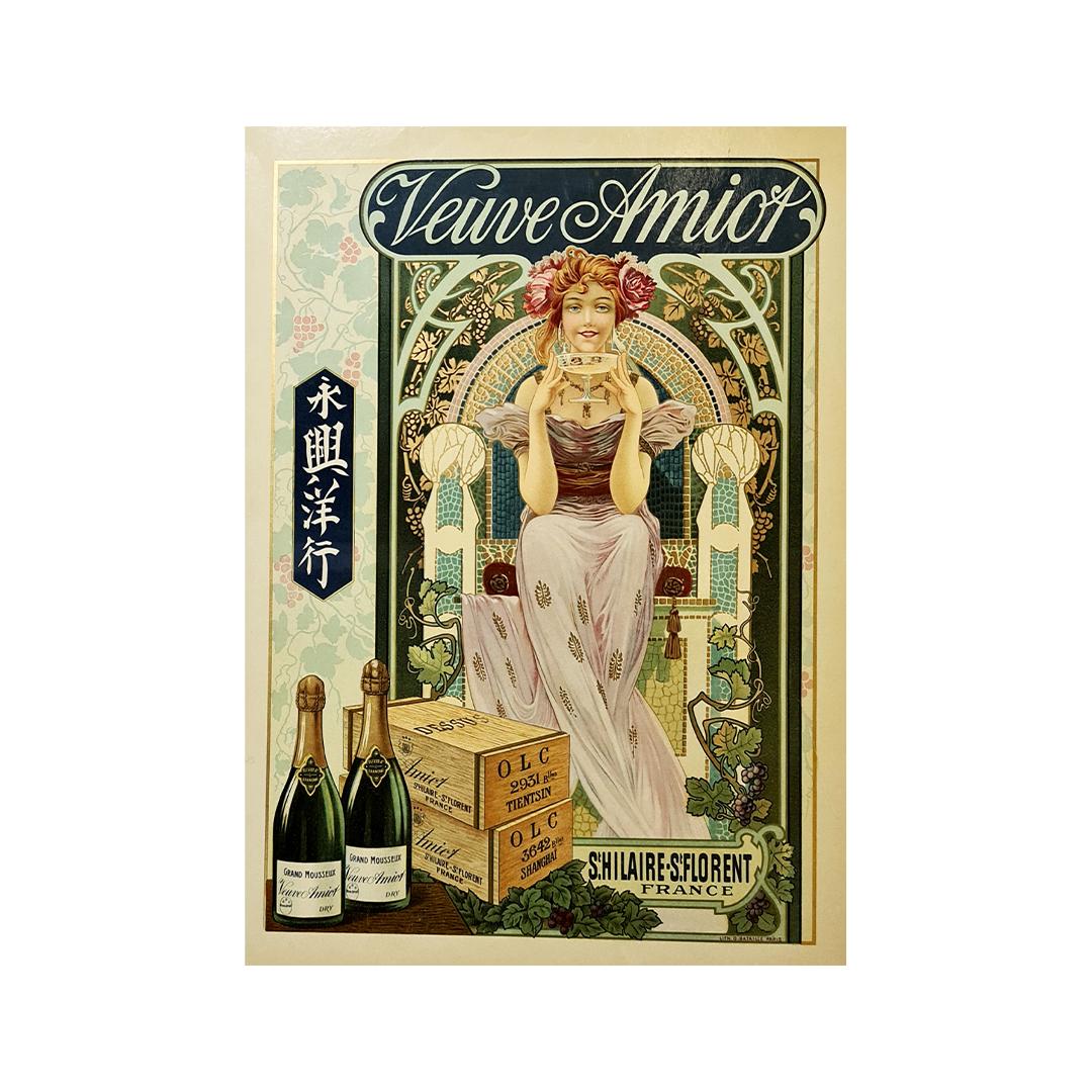 Affiche vintage d'origine datant d'environ 1900 pour promouvoir le champagne Veuve Amiot à Shanghai