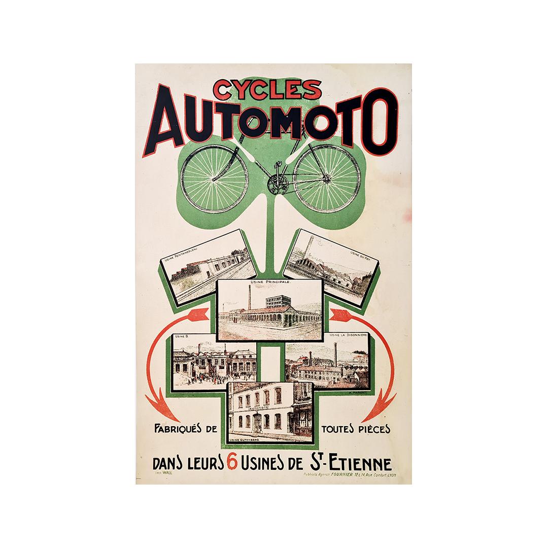 A superb poster, very old, realized around the years 1900 for the brand Automoto.

Automoto is a brand of motorcycles and bicycles
🚲 originating in Saint-Etienne.

It was launched in 1899 by developing a copy of the De Dion tricycle (one of the
