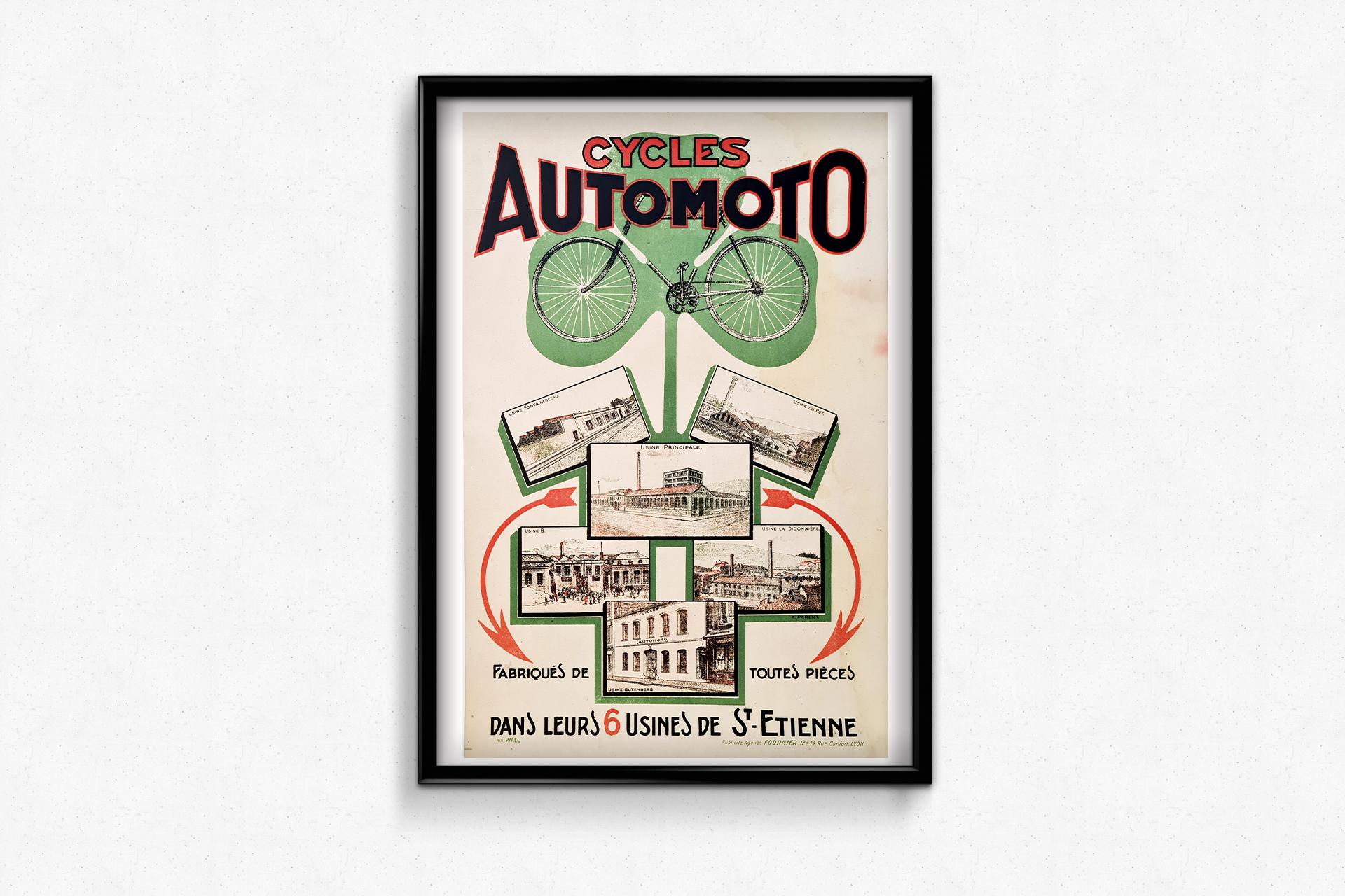 Circa 1900 rare original Poster for the brand Automoto Motorcycles and bicycles For Sale 1