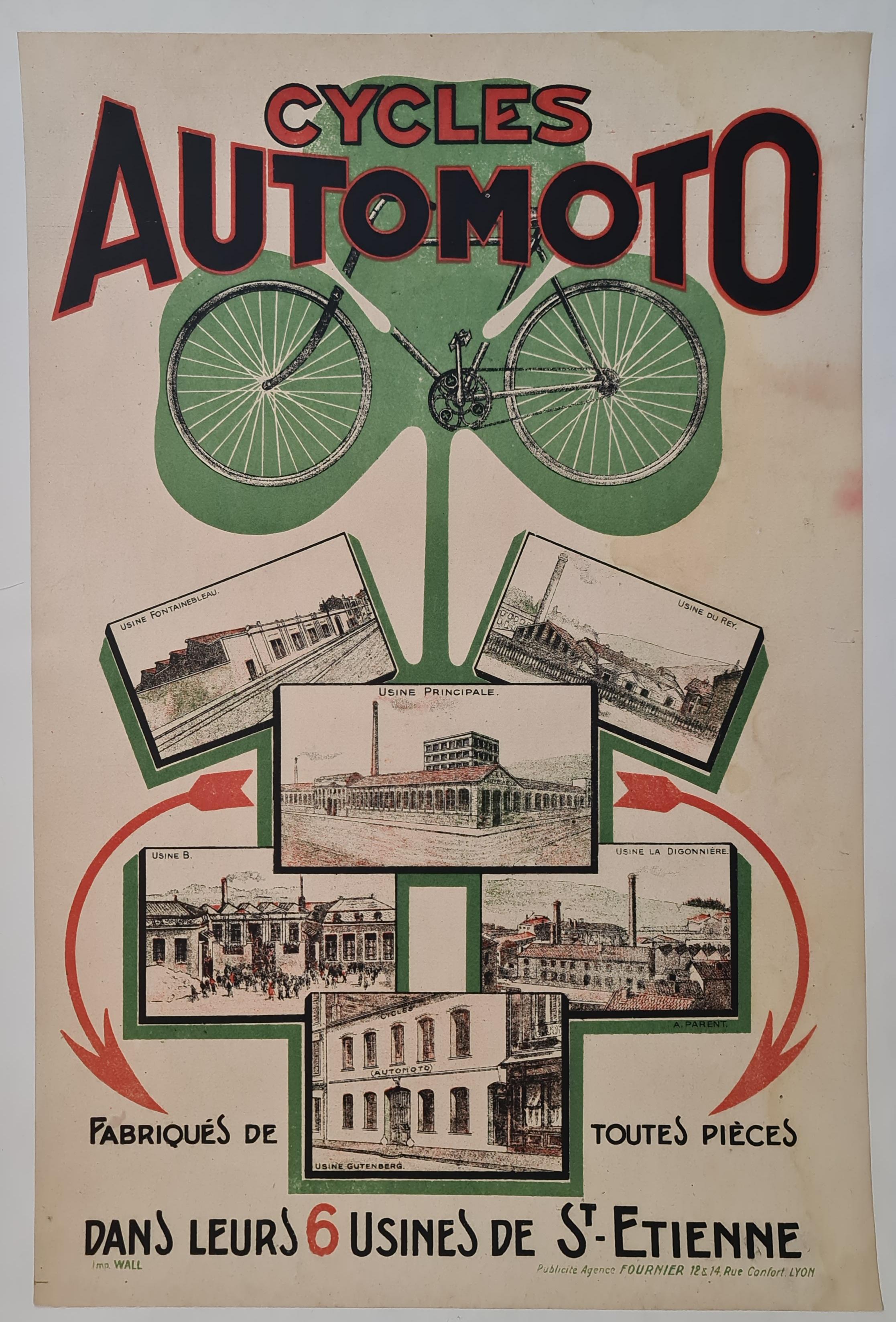 Circa 1900 rare original Poster for the brand Automoto Motorcycles and bicycles For Sale 2