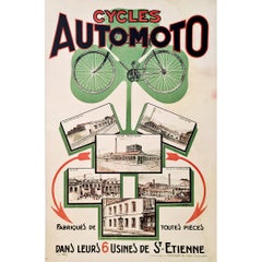Antique Circa 1900 rare original Poster for the brand Automoto Motorcycles and bicycles