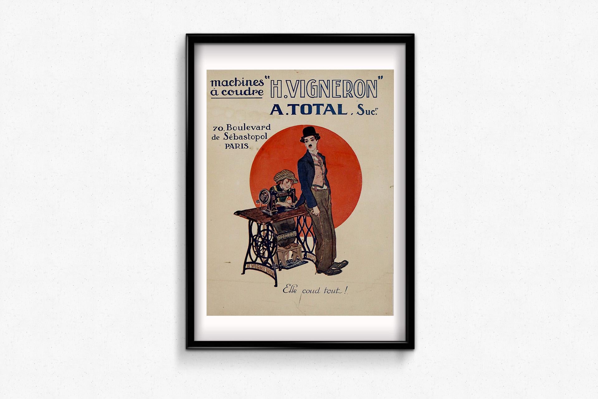 This circa 1910 original advertising poster promotes the H. Vigneron sewing machines, a brand sold at 70, Boulevard de Sébastopol, Paris. Designed in a distinctive early 20th-century Art Nouveau style, the poster blends elegance, craftsmanship, and