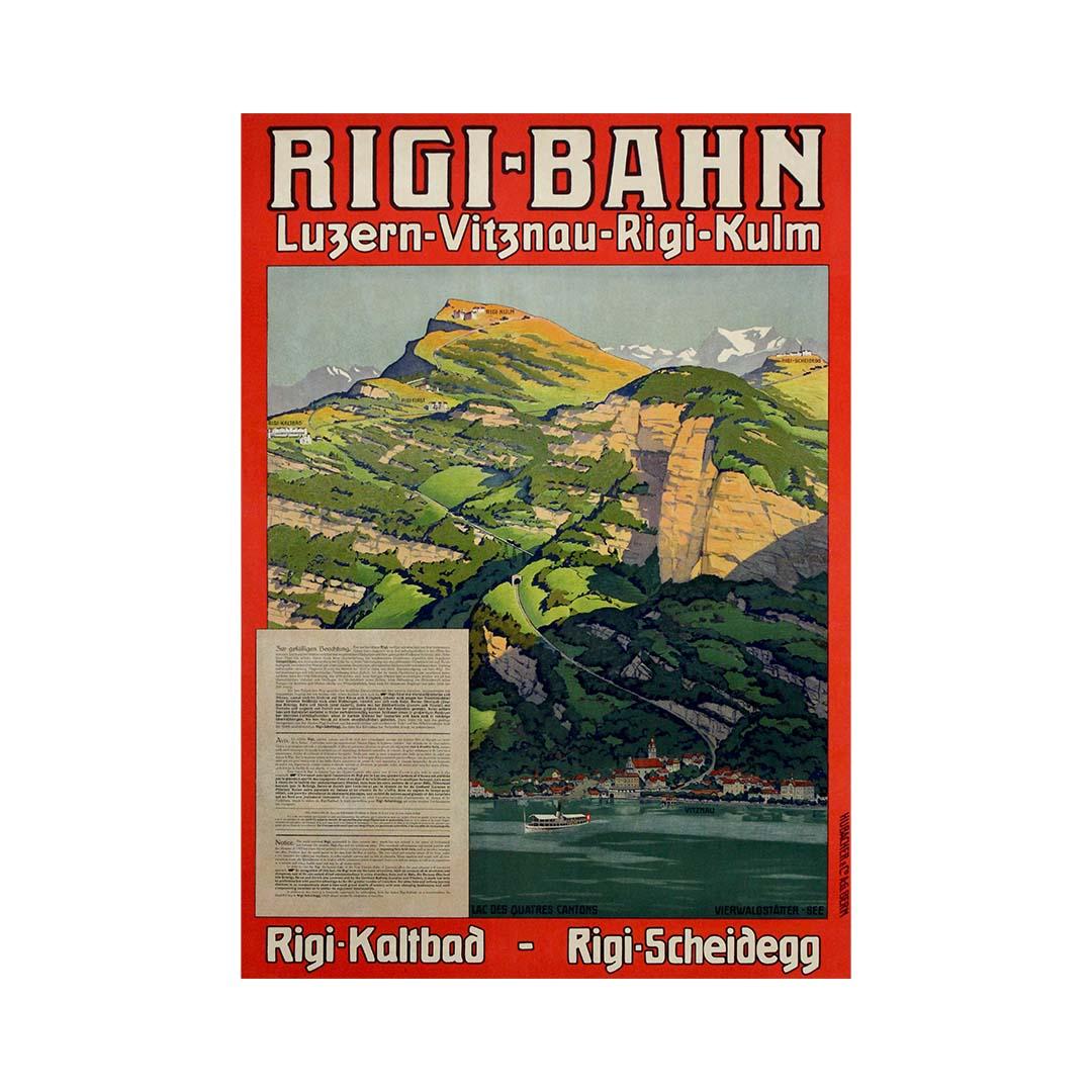 This stunning circa 1910 original travel poster promotes the Rigi-Bahn railway route from Luzern through Vitznau to Rigi-Kulm, one of the most picturesque and historic rail journeys in Switzerland. With bold Art Nouveau-influenced typography and a