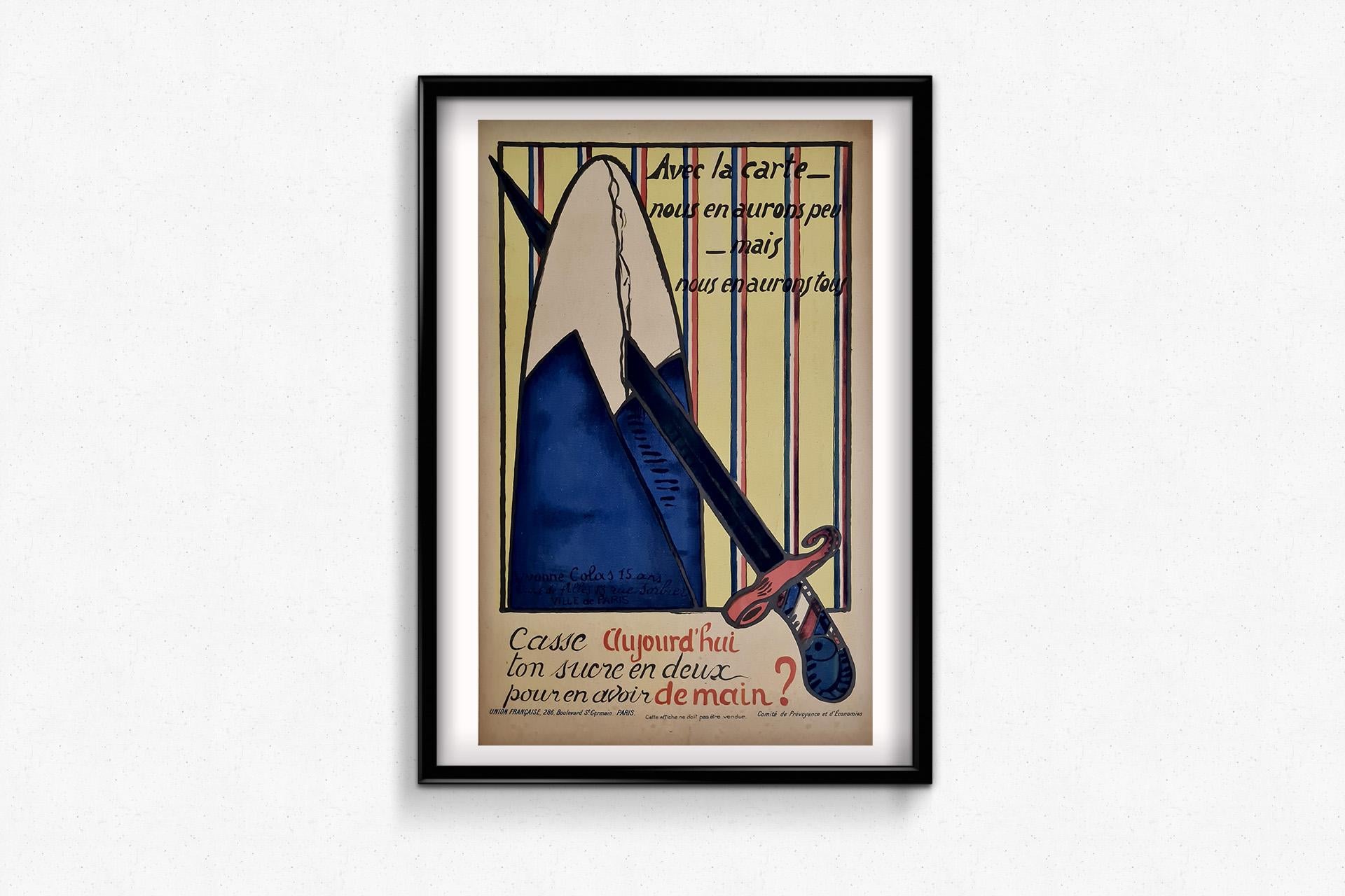 Dieses französische Propagandaplakat aus der Zeit um 1915 ist ein eindrucksvolles Beispiel für die Rationierungsbemühungen in der Zeit des Ersten Weltkriegs, die kollektive Opfer und eine gerechte Verteilung betonen. Dieses Plakat wurde unter der