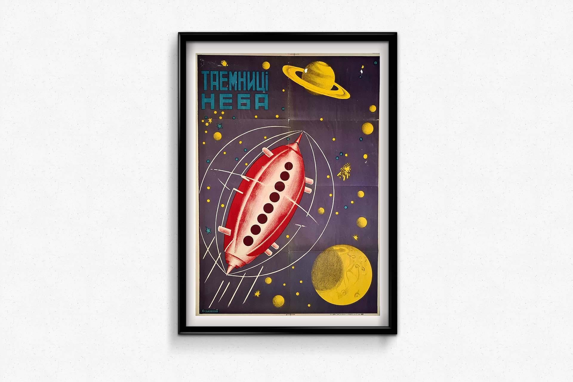 Dieses Poster entführt uns in die faszinierende Ära der frühen sowjetischen Weltraumforschung. Dieses in den 1920er Jahren entstandene Kunstwerk fängt die Aufregung und Faszination ein, die mit der Suche der Menschheit nach der Entschlüsselung der