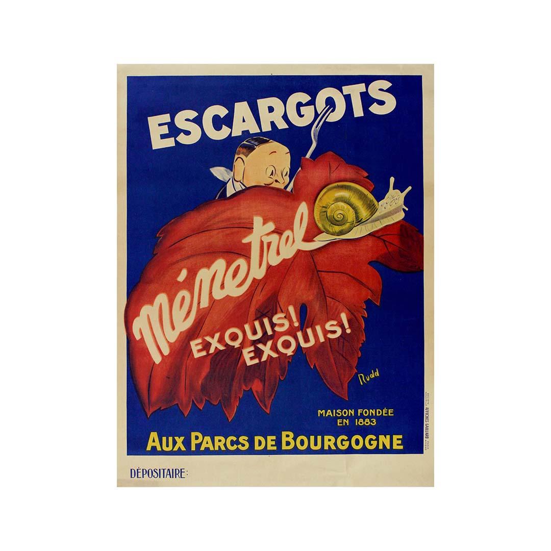 Circa 1920 original vintage poster Escargots Ménetrel Exquis! Exquis! Gastronomy For Sale 2