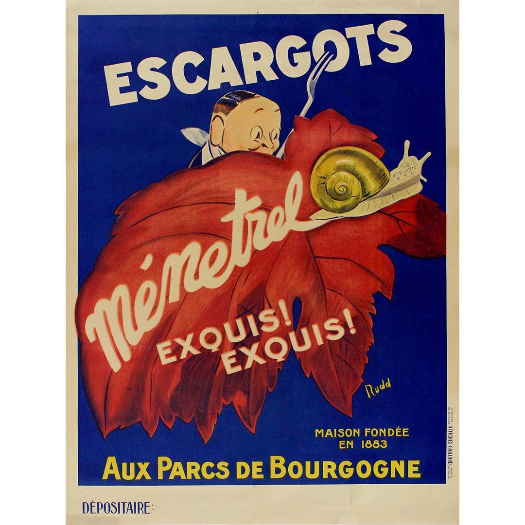 Circa 1920 original vintage poster Escargots Ménetrel Exquis! Exquis! Gastronomy