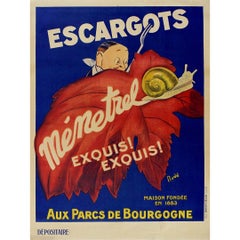 Circa 1920 original Antique poster Escargots Ménetrel Exquis! Exquis! Gastronomy