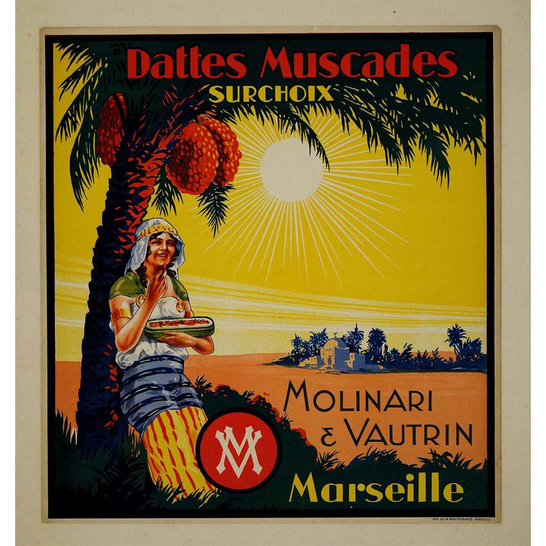 Circa 1925 original advertising poster for Molinari et Vautrin Dattes Muscades - Print by Unknown