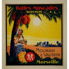 Poster pubblicitario originale del 1925 circa per Molinari et Vautrin Dattes Muscades