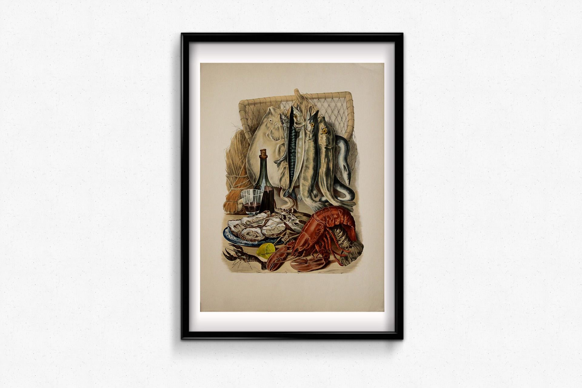 Diese Original-Lithografie von ca. 1930 mit dem Titel Poissons, Crustacés et Fruits de Mer zeigt die reichen kulinarischen Traditionen und maritimen Reichtümer des frühen 20. Als Teil einer breiteren Bewegung in der wissenschaftlichen und