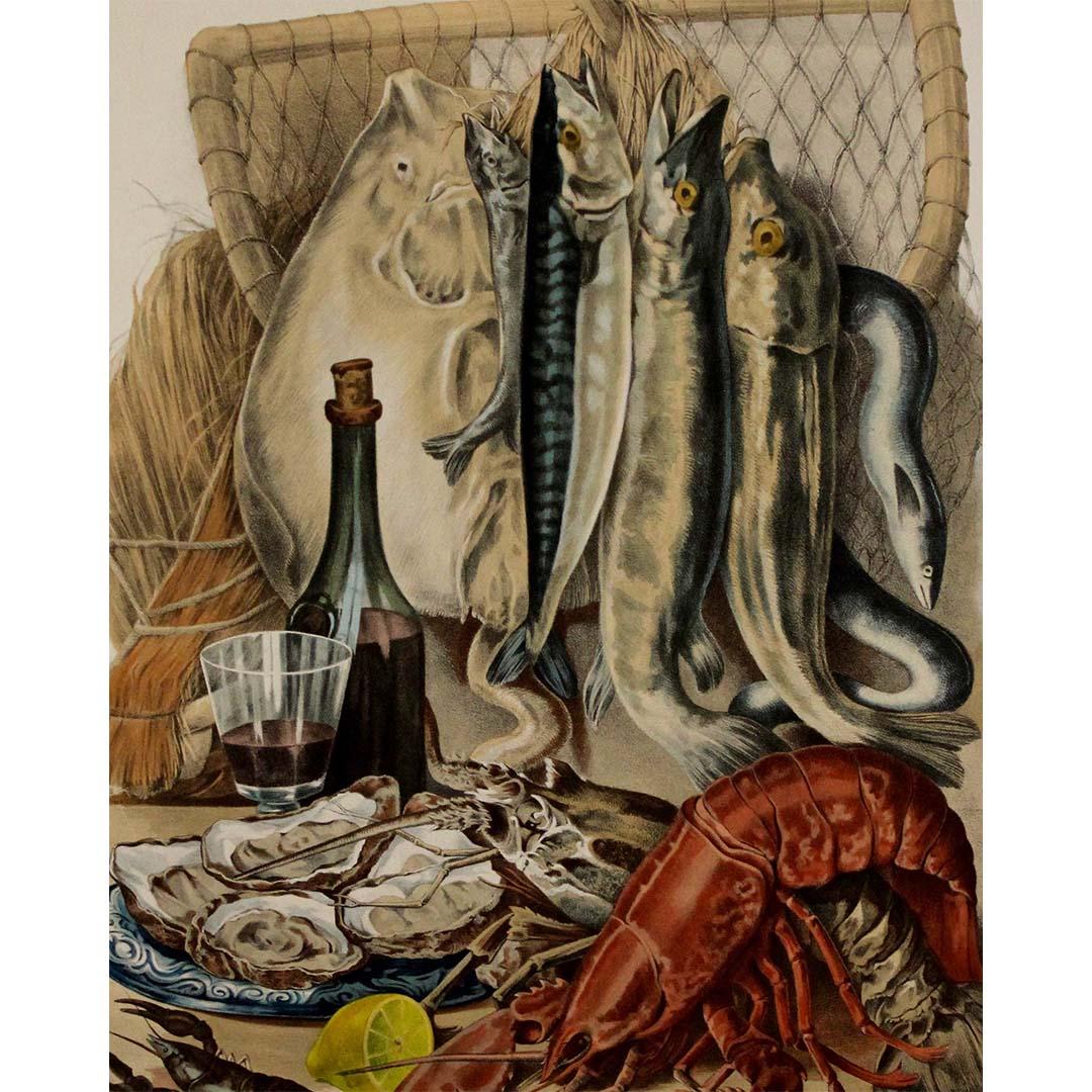 CIRCA 1930 Original-Lithographie mit dem Titel Meeresfrüchte in europäischen Gewässern gefunden im Angebot 1