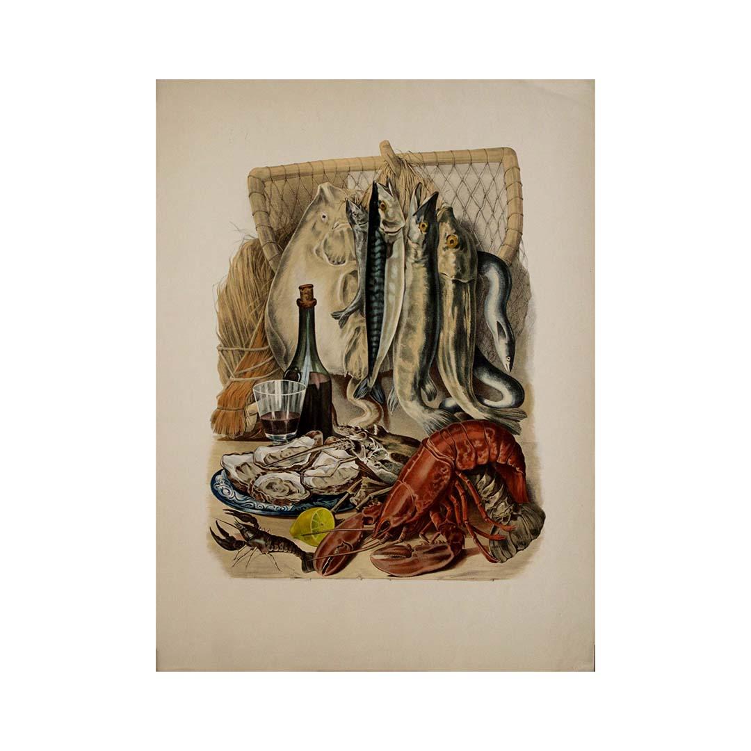 CIRCA 1930 Original-Lithographie mit dem Titel Meeresfrüchte in europäischen Gewässern gefunden im Angebot 2