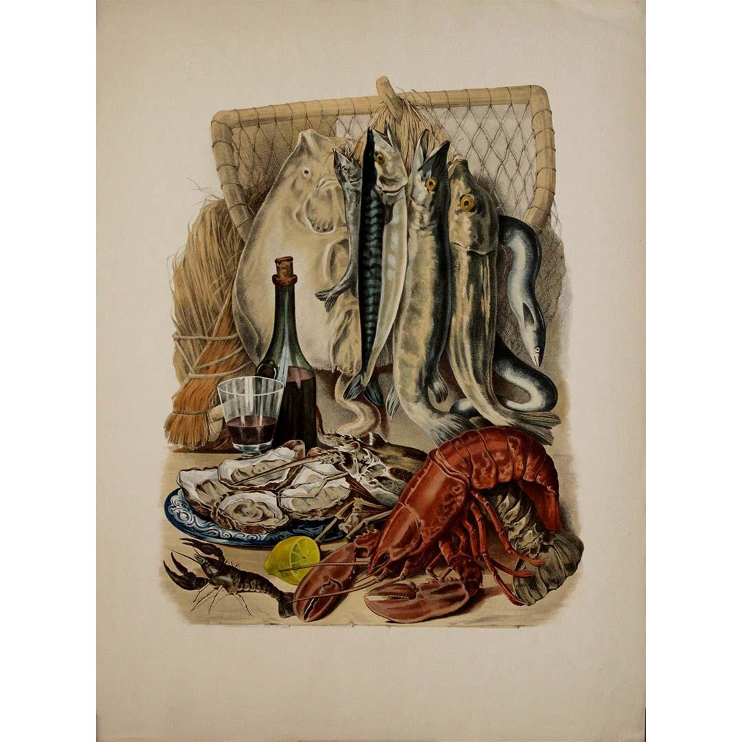 CIRCA 1930 Original-Lithographie mit dem Titel Meeresfrüchte in europäischen Gewässern gefunden – Print von Unknown