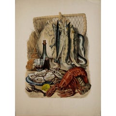 Vintage Circa 1930 original lithograph titled seafood found in European waters