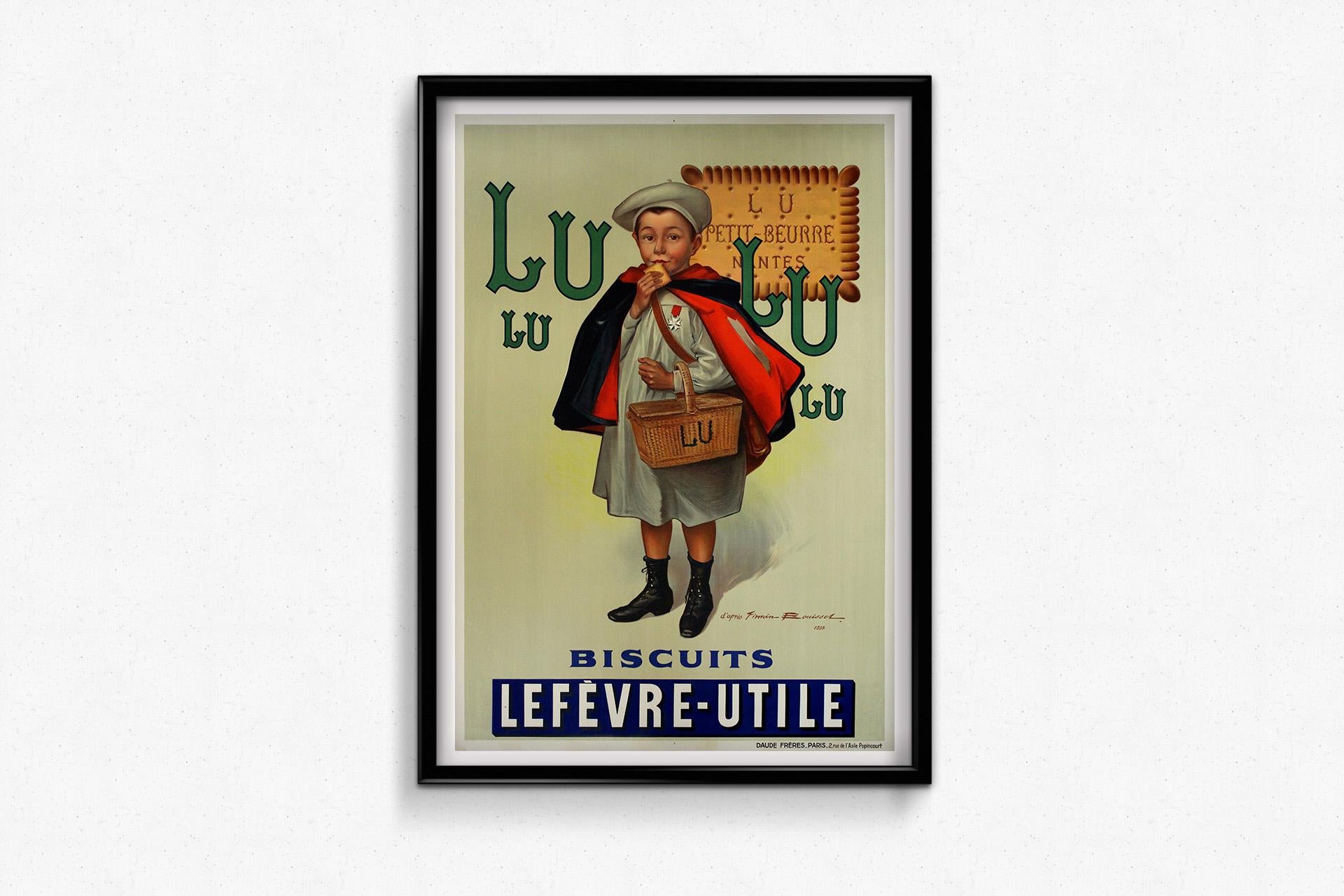 This circa 1930 original poster, created d'après Firmin Bouisset, promotes the famous LU Biscuits Lefèvre-Utile, one of France's most iconic biscuit brands. Bouisset, known for his charming and nostalgic advertising illustrations, captures the
