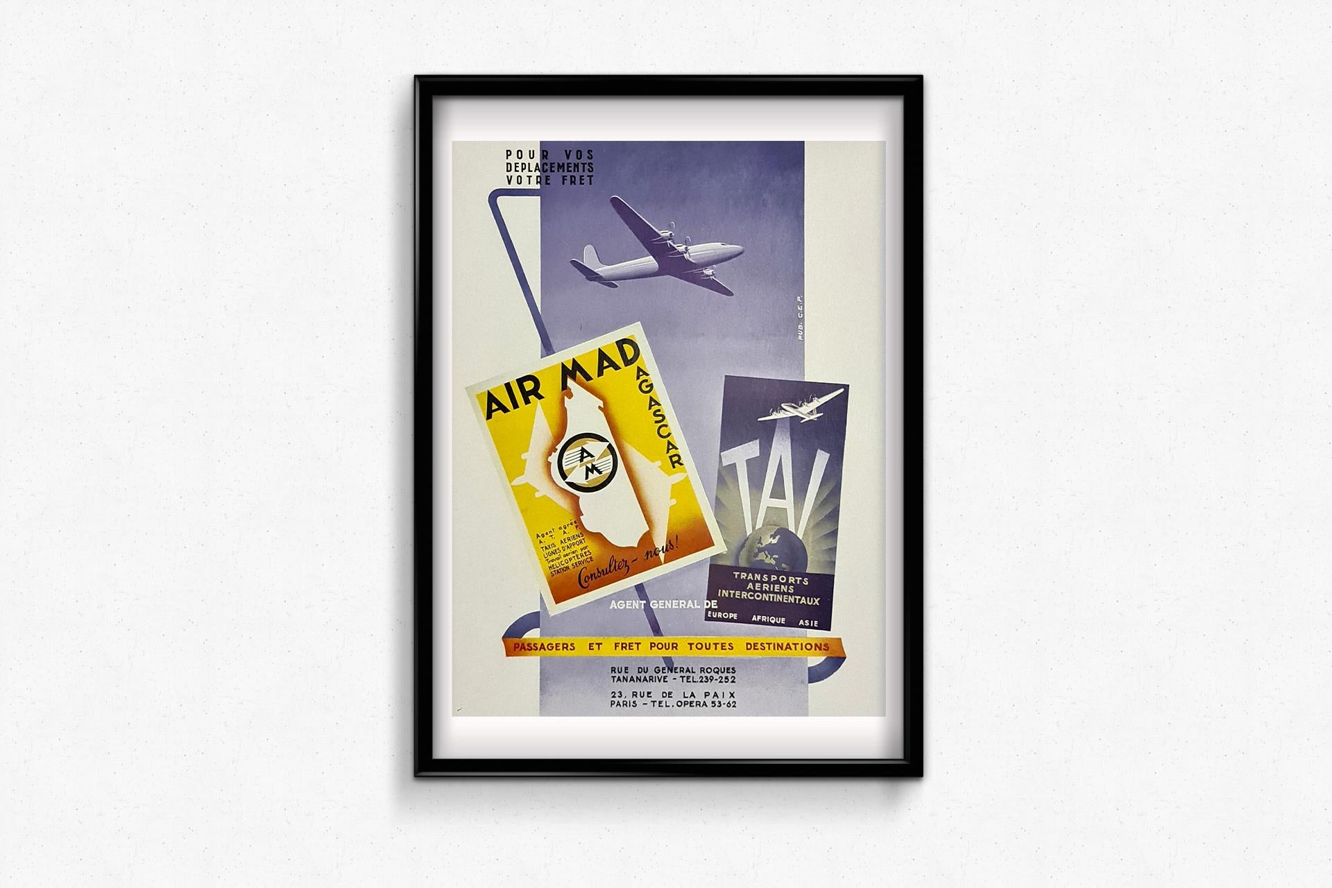 Circa 1930 Original poster for the airline TAI and its trips to Madagascar - Art Deco Print by Unknown