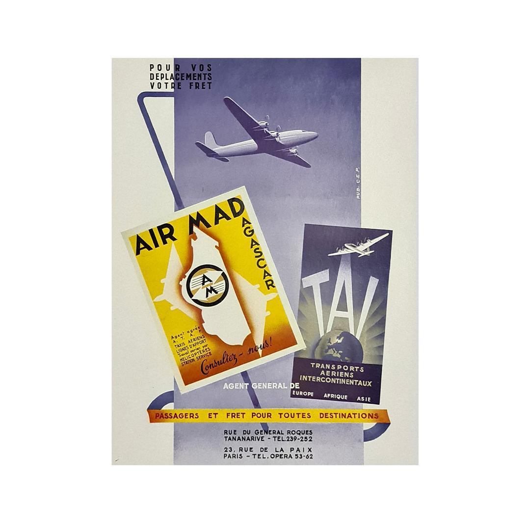 Affiche d'origine datant d'environ 1930 pour la compagnie aérienne TAI et ses voyages à Madagascar - Print de Unknown