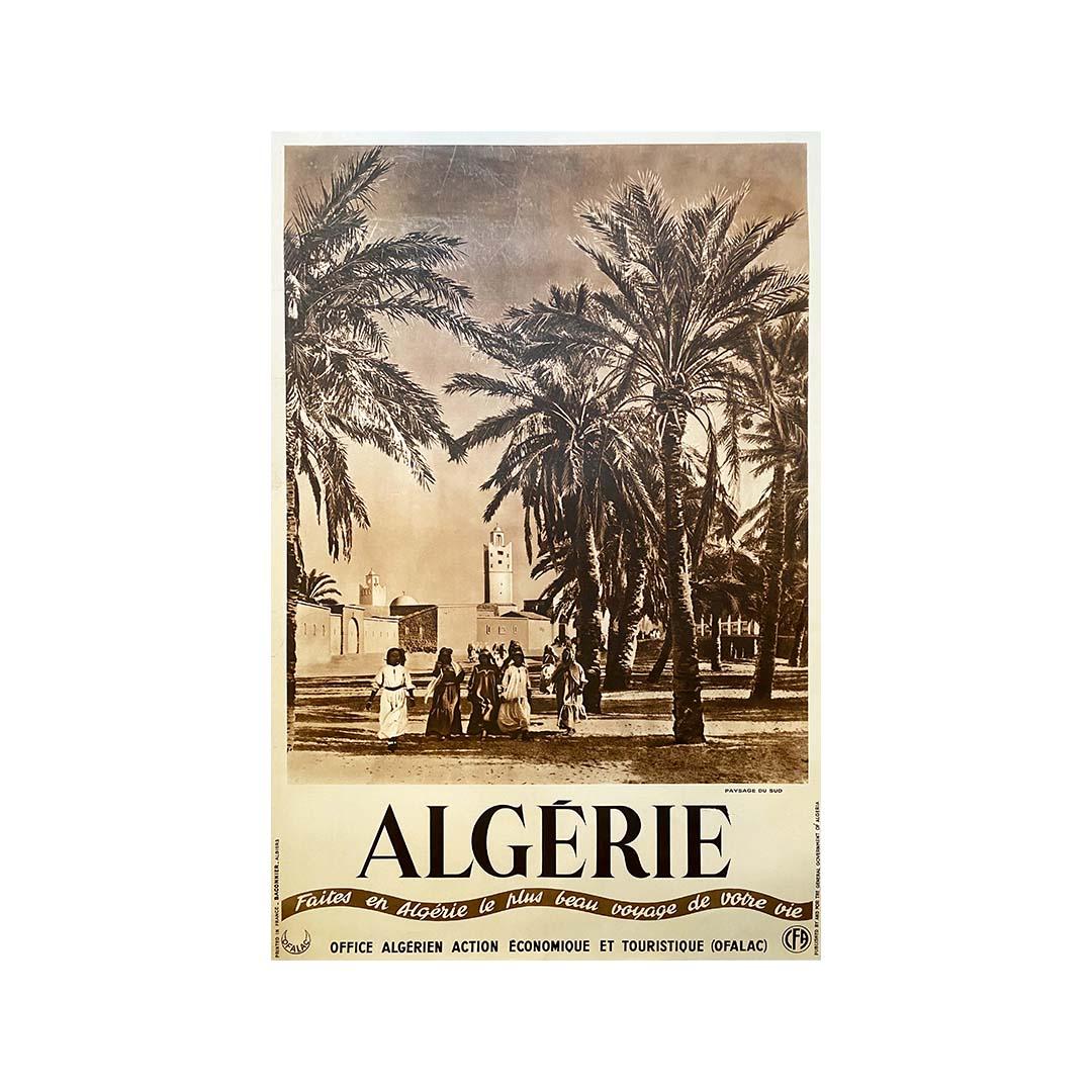 Poster produced by the OFALAC, (the Algerian Office of Economic and Tourist Action of the General Government of Algeria), around the years 1955, in order to make the promotion of the tourist Algeria whose goal is to make of it a appreciated