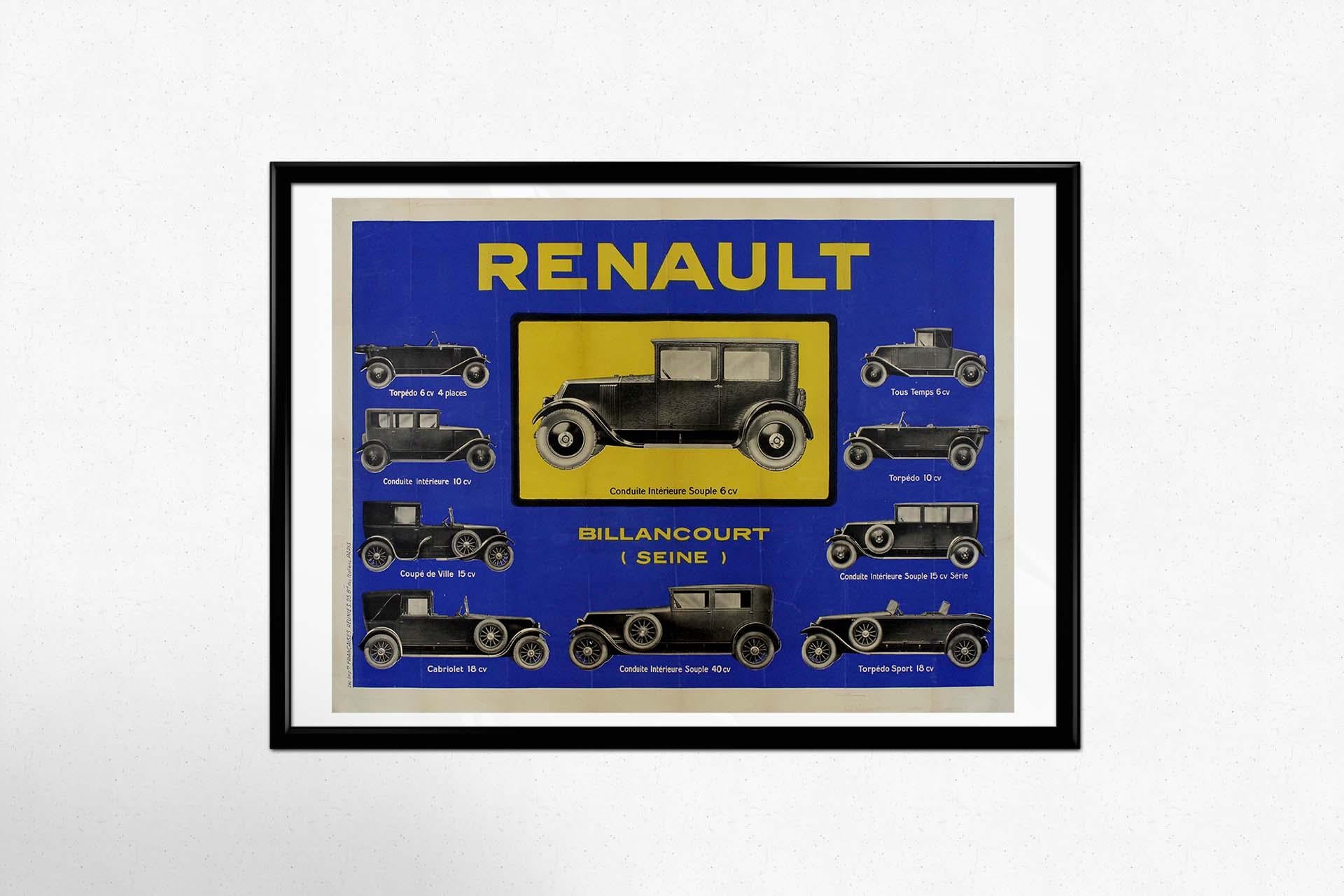 Treten Sie ein in die bezaubernde Welt der Vintage-Plakatkunst, wo uns das Originalplakat des Renault Conduite Intérieure Souple 6CV von ca. 1930 auf eine Zeitreise in eine Ära automobiler Raffinesse und zeitloser Eleganz mitnimmt. Dieses Plakat
