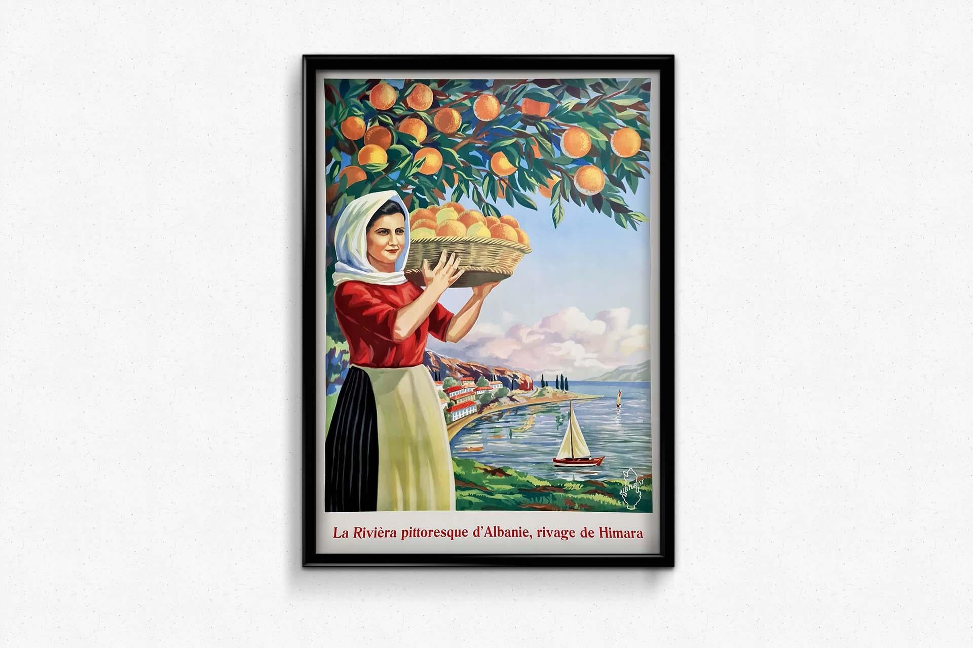 Beautiful travel poster for Albania, written in French. The poster depicts a woman holding a basket of fruit, overlooking the shores of Himarë. Himarë or Himara is a municipality in southern Albania in the district of Vlorë on the Ionian