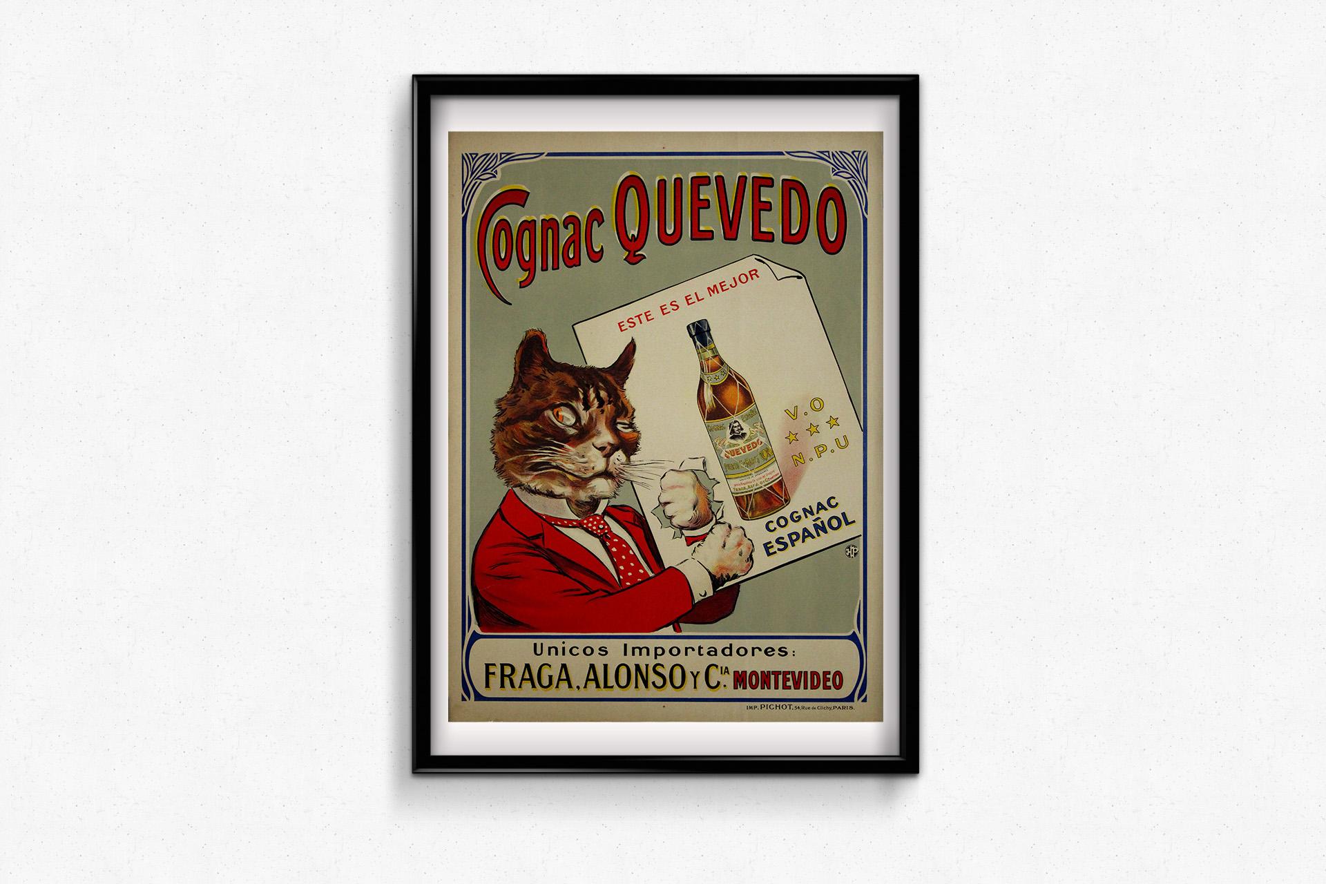 This original vintage advertising poster for Cognac Quevedo is a stunning example of early 20th-century commercial art, blending humor, elegance, and striking visuals to promote the Spanish cognac. The illustration features an anthropomorphic cat,