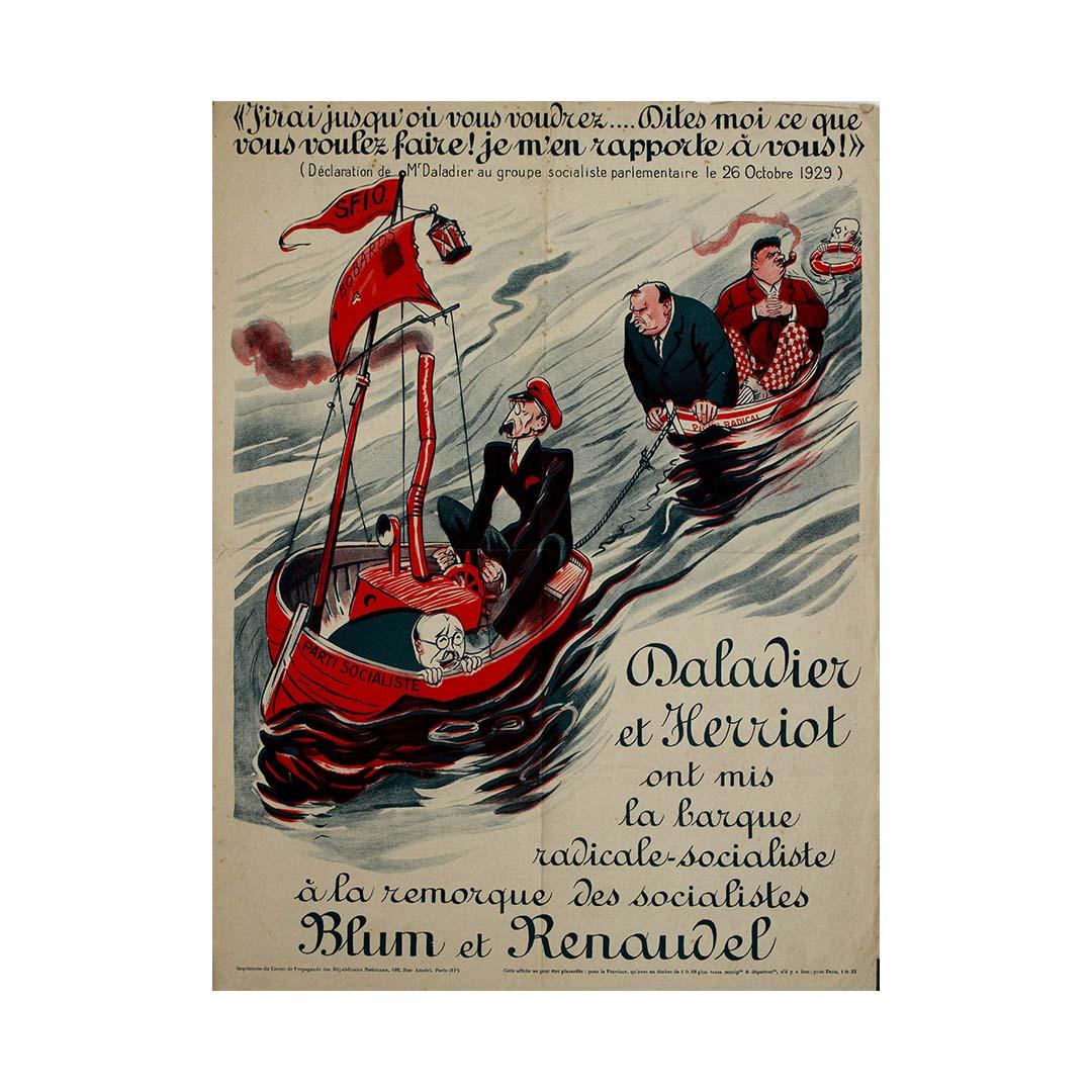 Diese eindrucksvolle politische Karikatur aus der Zeit um 1930 ist ein wirkungsvolles Propagandamittel, das die vermeintliche Unterwerfung der radikal-sozialistischen Partei Frankreichs unter die sozialistische Partei illustriert. Das vom Centre de