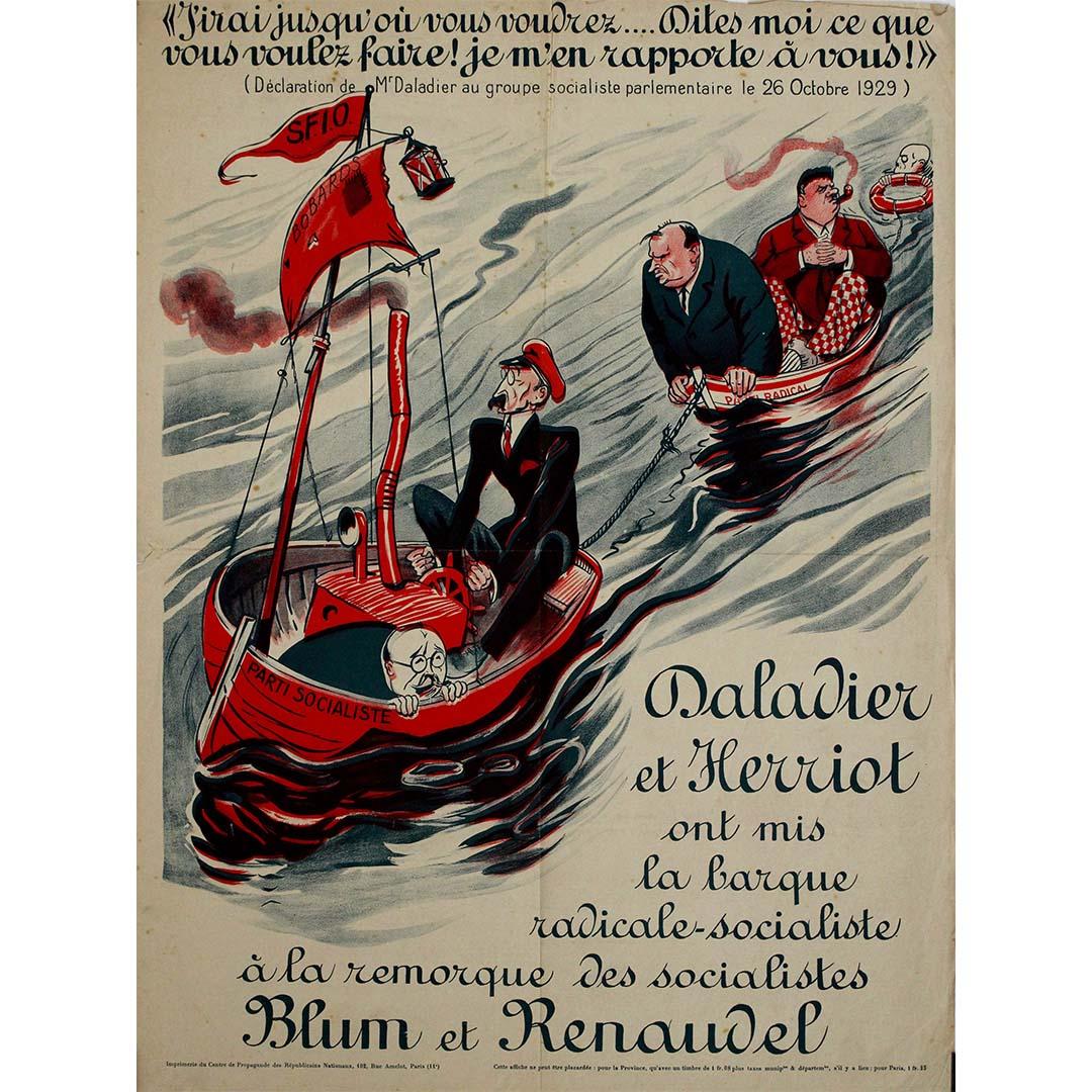 Circa 1930 political caricature - Daladier & Herriot - Blum & Renaudel
