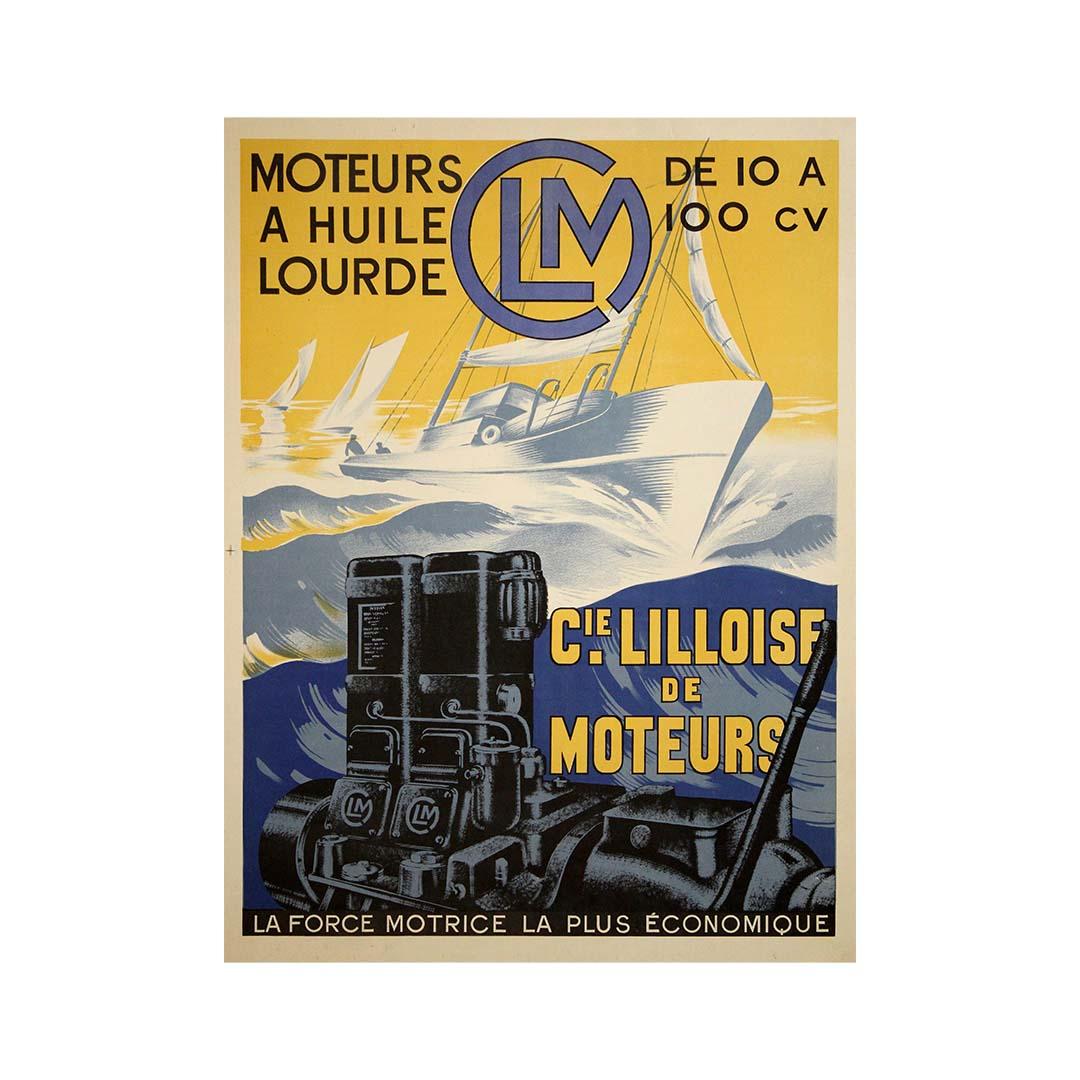 Dieses kühne und mechanische Werbeplakat für C.L.M. (Compagnie Lilloise de Moteurs) aus dem Jahr 1935 ist eine eindrucksvolle Hommage an den industriellen Fortschritt Frankreichs in der Zwischenkriegszeit. Dieses Werk, das zur Werbung für die