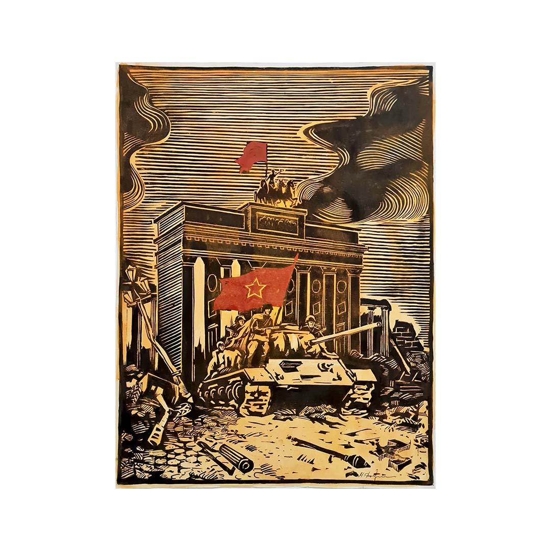 Circa 1945 Incisione su legno della battaglia di Berlino - Seconda guerra mondiale - URSS - CCCP - Print di Unknown