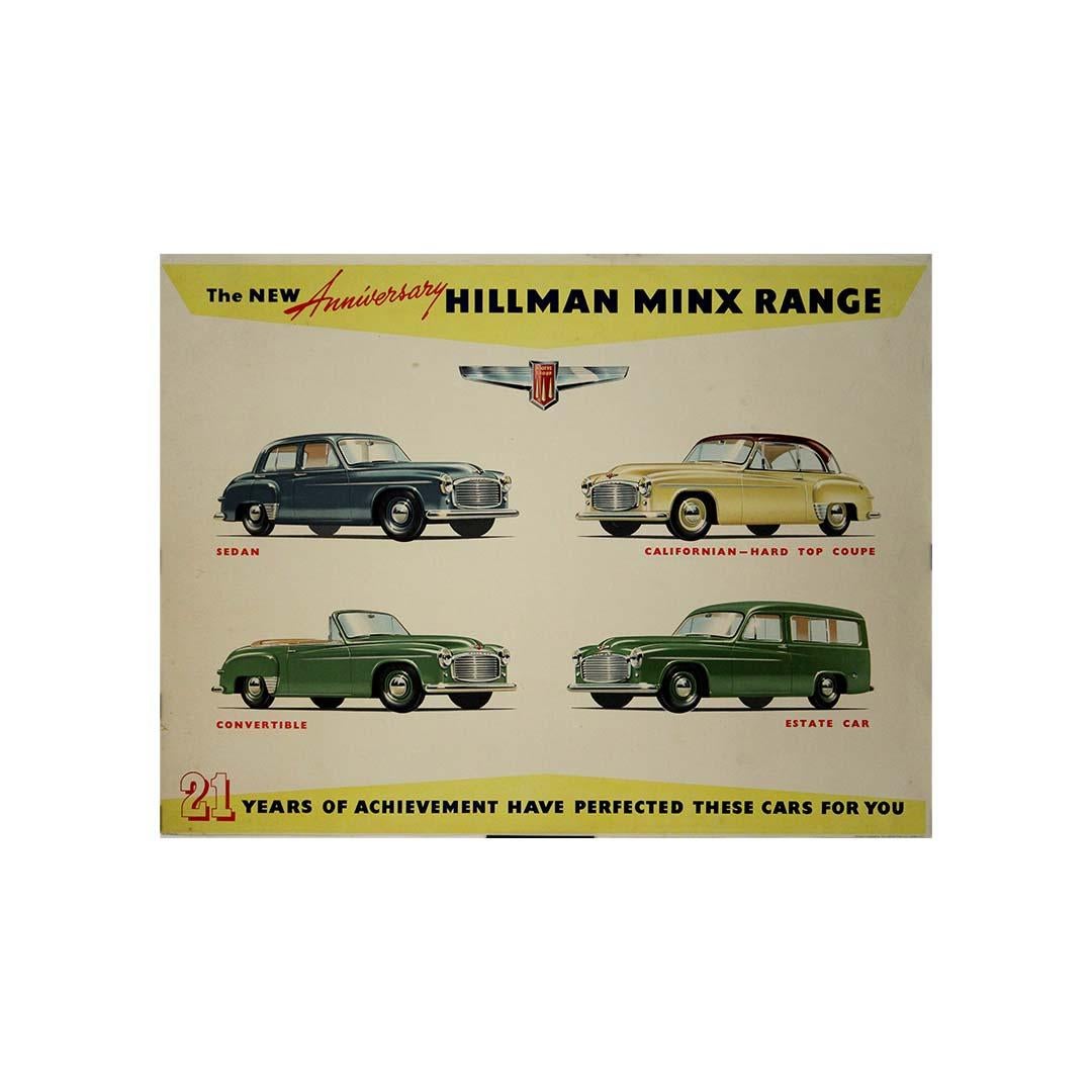 This original promotional poster, issued around 1950 by the Rootes Group, celebrated the launch of the Anniversary Hillman Minx Range, a pivotal moment for the British motor manufacturer. Emblazoned with the slogan “21 Years of Achievement Have
