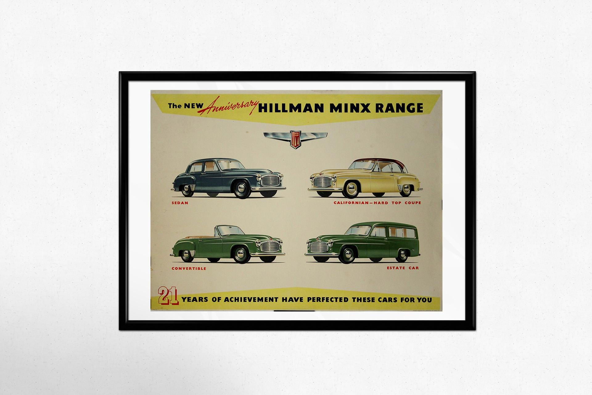 Circa 1950 Original advertising poster by the Rootes Group - Hillman Minx Range For Sale 2