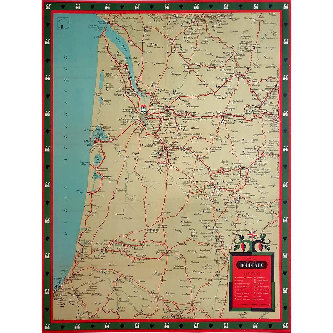 Mappa illustrata originale del 1950 circa per "Carte France autour de Bordeaux". - Print di Unknown