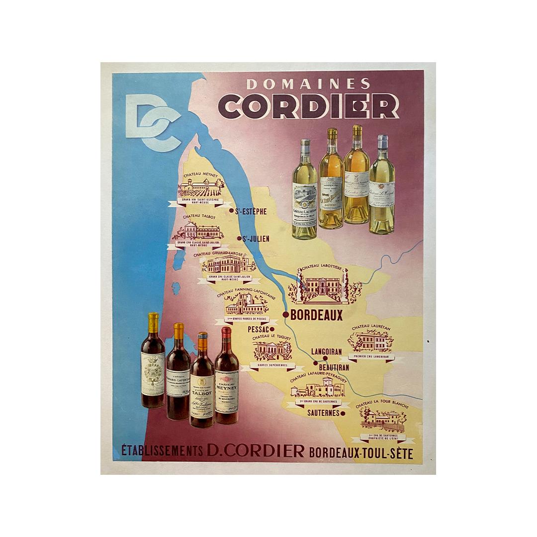 Belle affiche réalisée vers 1950, présentant une cartographie détaillée des différents châteaux et domaines viticoles qui font la richesse de la région bordelaise.

Alcool - Vin - Bordeaux - France