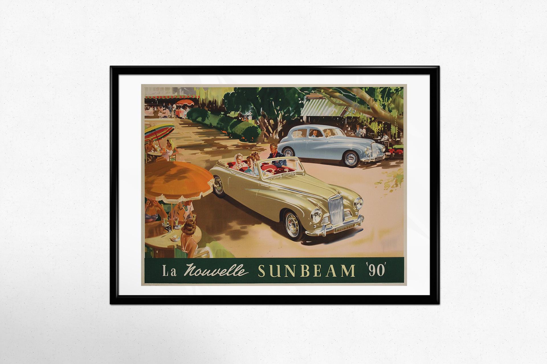 The original poster for La Nouvelle Sunbeam '90' showcases a compelling mid-century advertisement for the British automaker's stylish and innovative model. Celebrating the Sunbeam '90,' this poster perfectly embodies the optimism and sleek