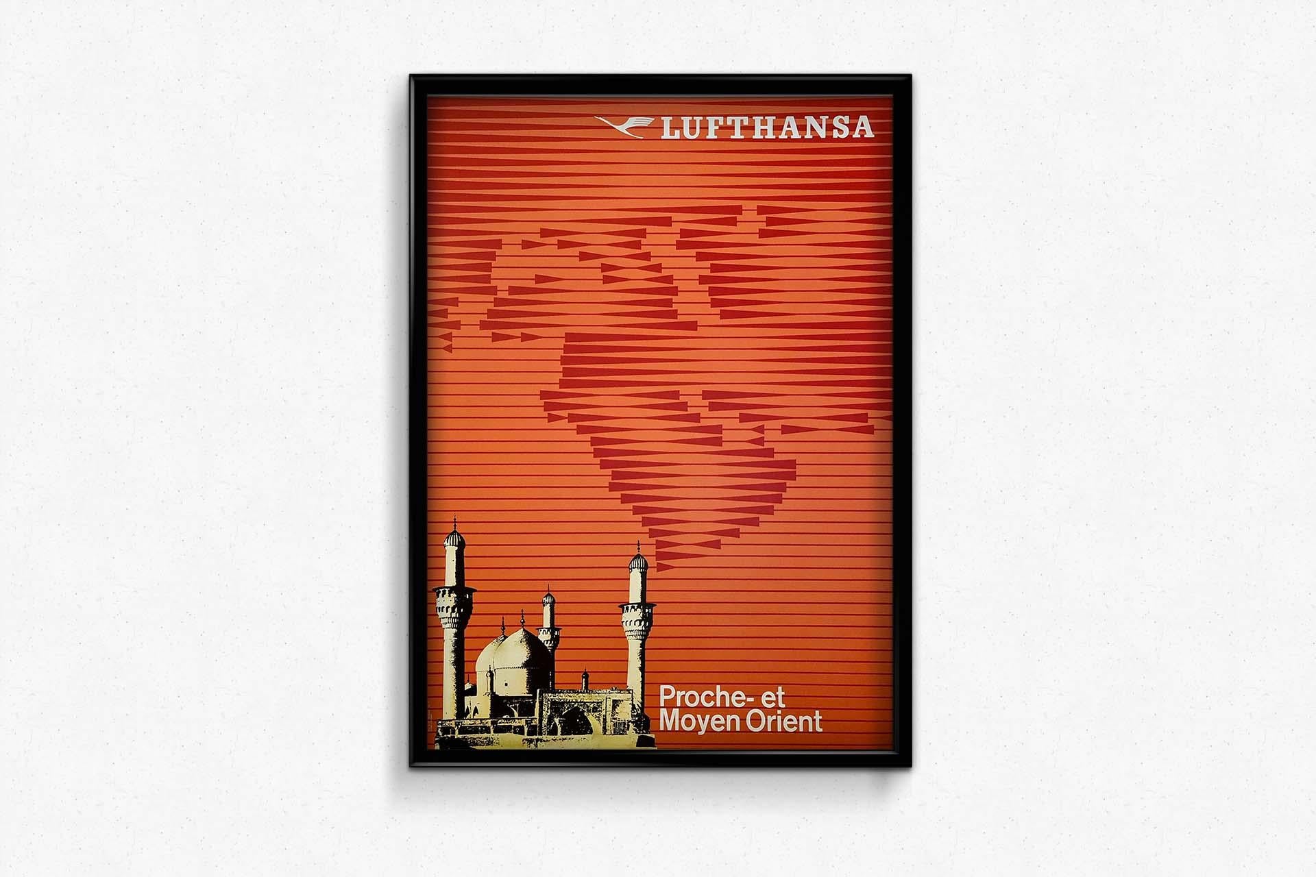 Belle affiche des années 50 pour la Lufthansa et ses voyages au Moyen-Orient.

Compagnie aérienne - Tourisme - Religion- Mosquée

Allemagne