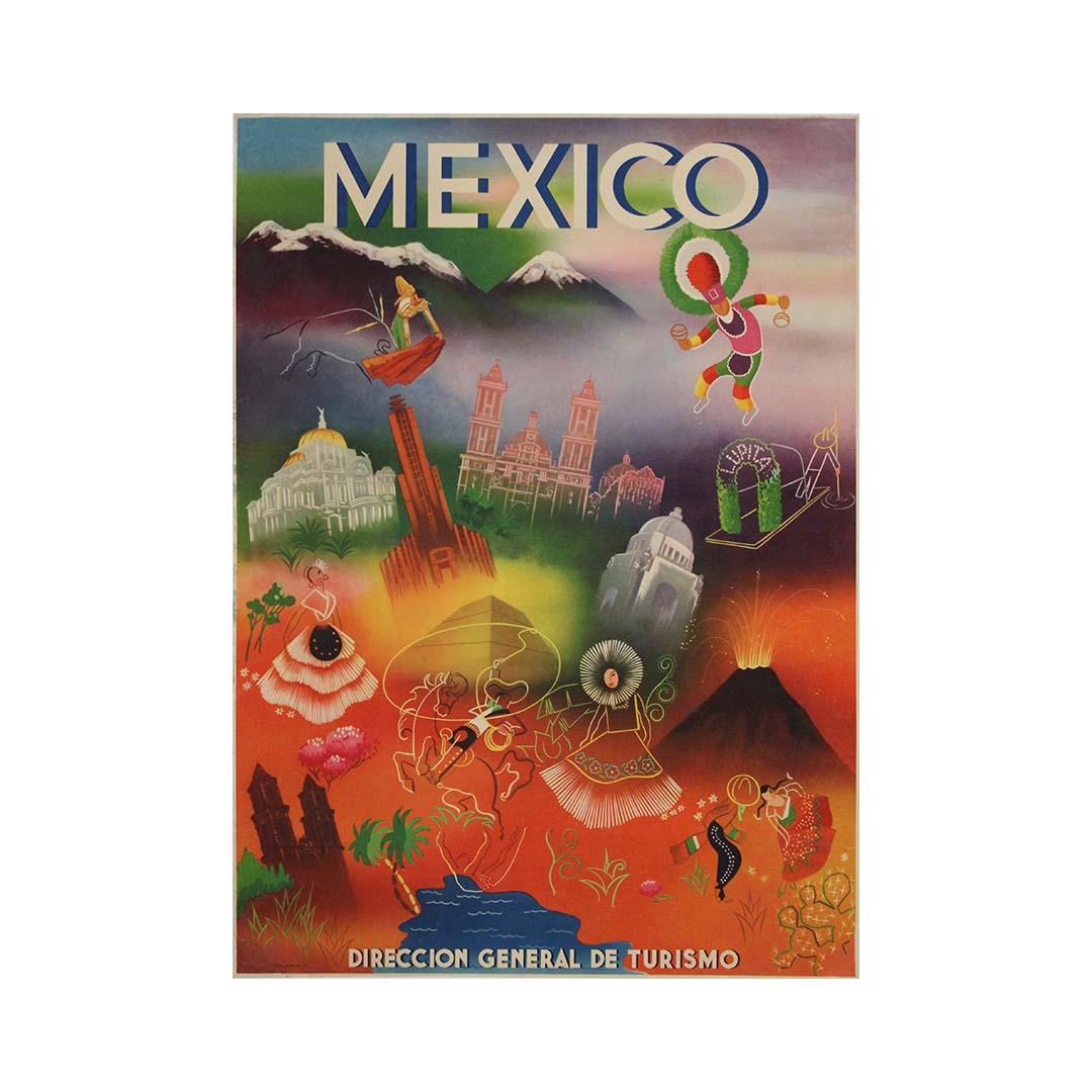 Affiche touristique originale pour le Mexique datant de CIRCA 1950 - Art du voyage d'après-guerre en vente 2