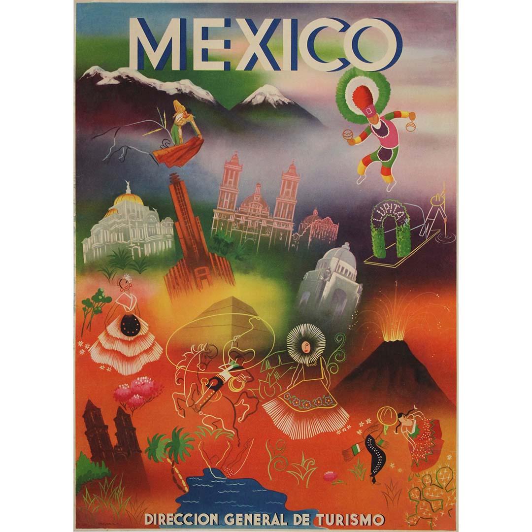 CIRCA 1950 Original-Tourismusplakat für Mexiko - Reisekunst der Nachkriegszeit