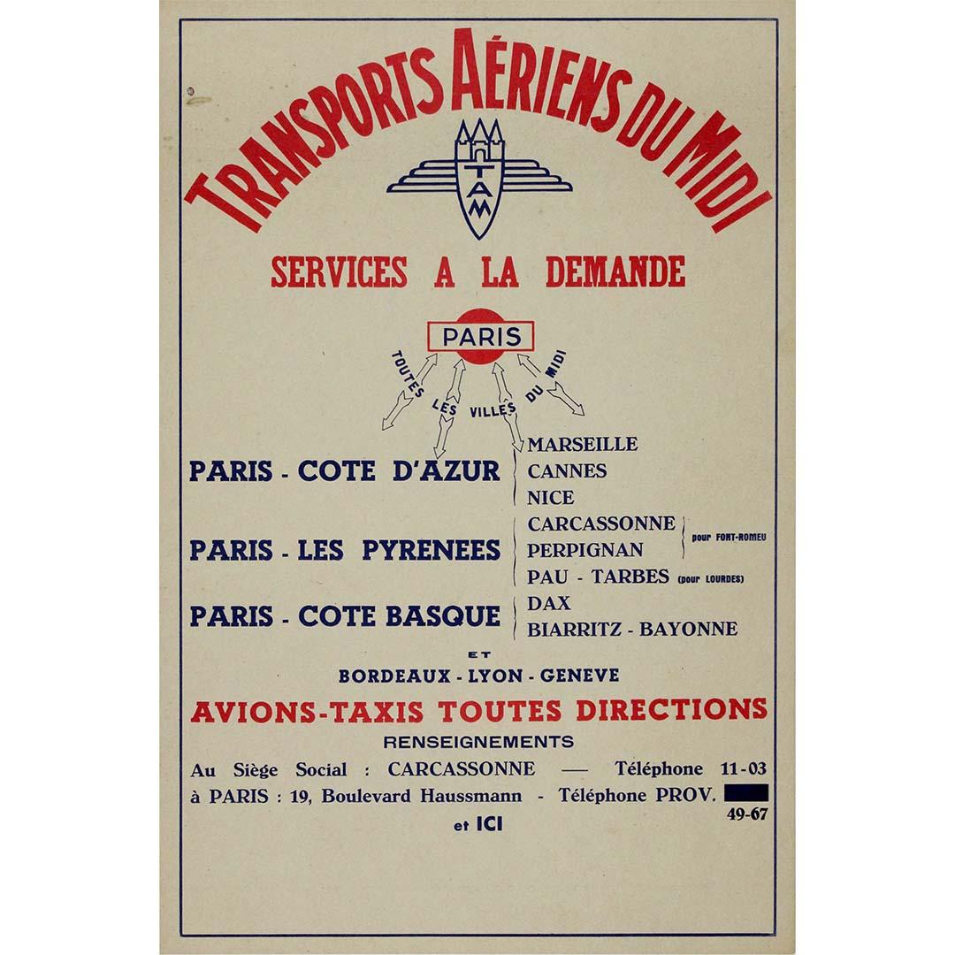 Circa 1950 original "Transports Aériens du Midi" poster Air Travel - Print by Unknown