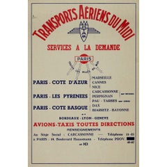 Vintage Circa 1950 original "Transports Aériens du Midi" poster Air Travel