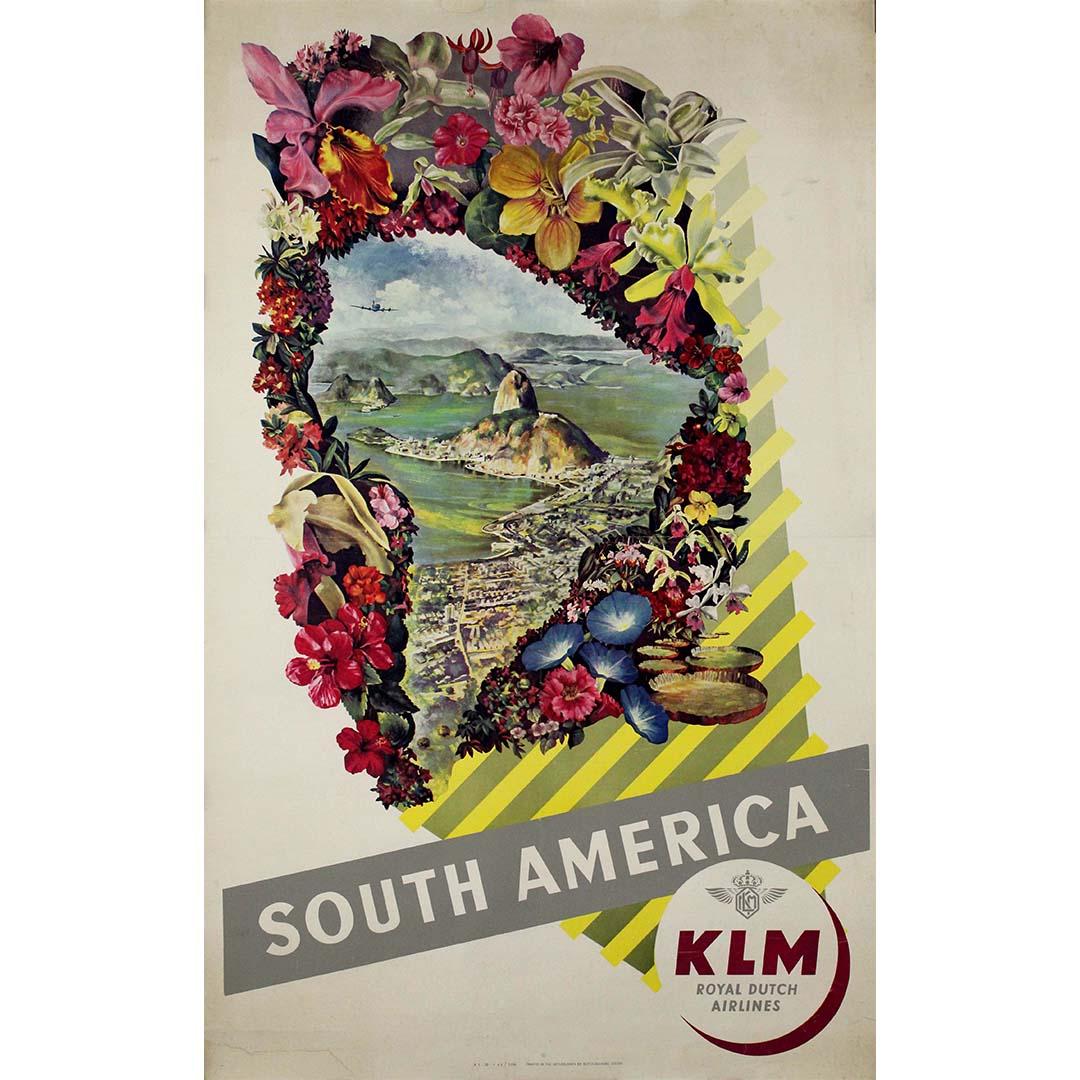 Affiche de voyage originale de 1950 pour l'Amérique du Sud par KLM Royal Dutch Airlines